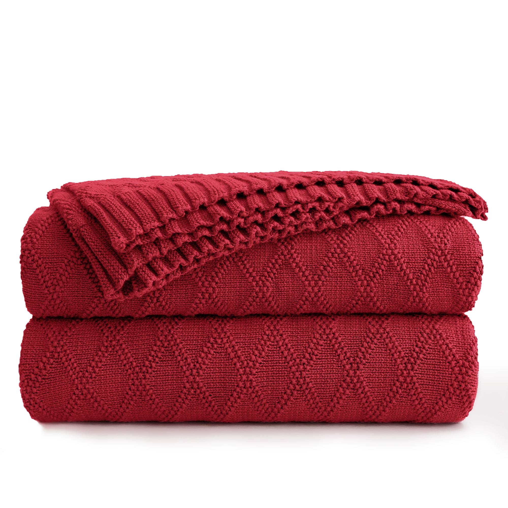 Wine Red Cotton Knit Throw Blanket For Couch Sofa Bed - Home Decorative Soft Cozy Sweater Woven Fall Cable Oversize Knitted Blan
