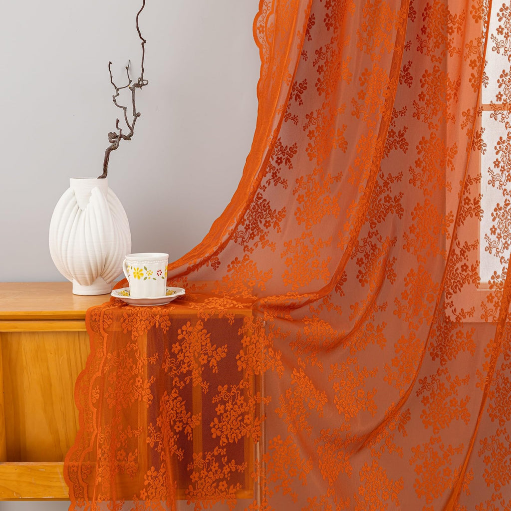 Orange Bohemian Curtains 102 Inches Long Rust Retro Lace Fall Curtains For Living Room Rod Pocket Autumn Farmhouse Halloween Dec