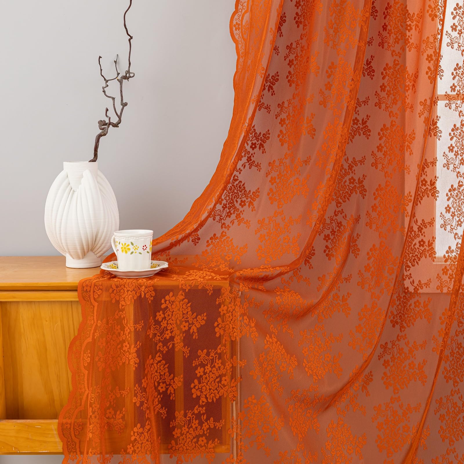 Orange Bohemian Curtains 102 Inches Long Rust Retro Lace Fall Curtains For Living Room Rod Pocket Autumn Farmhouse Halloween Dec