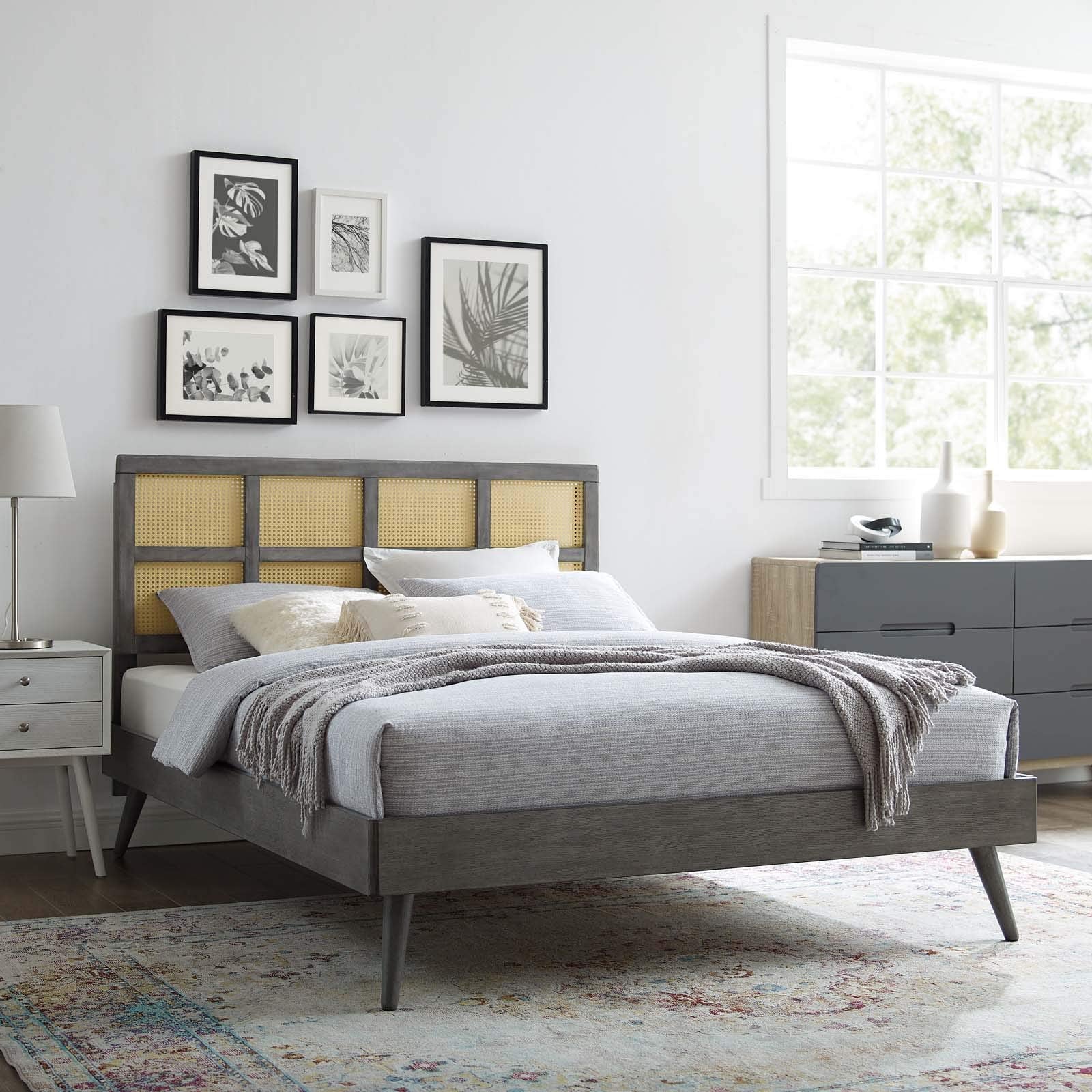 Modway Sidney Cane Rattan And Wood Full Platform Bed In Gray With Splayed Legs