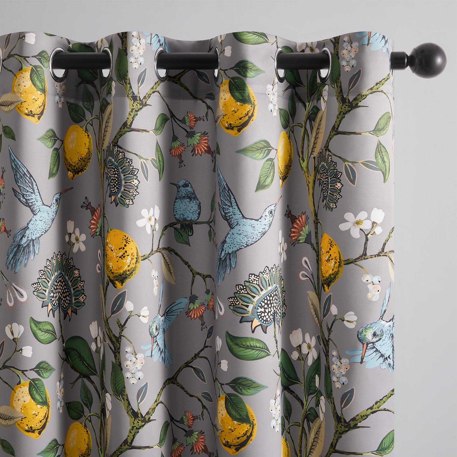 Topfinel Grey And Yellow Blackout Curtains 63 Inch Length 2 Panels, Hummingbird Black Floral Lemon Patterned Energy Efficient Gr