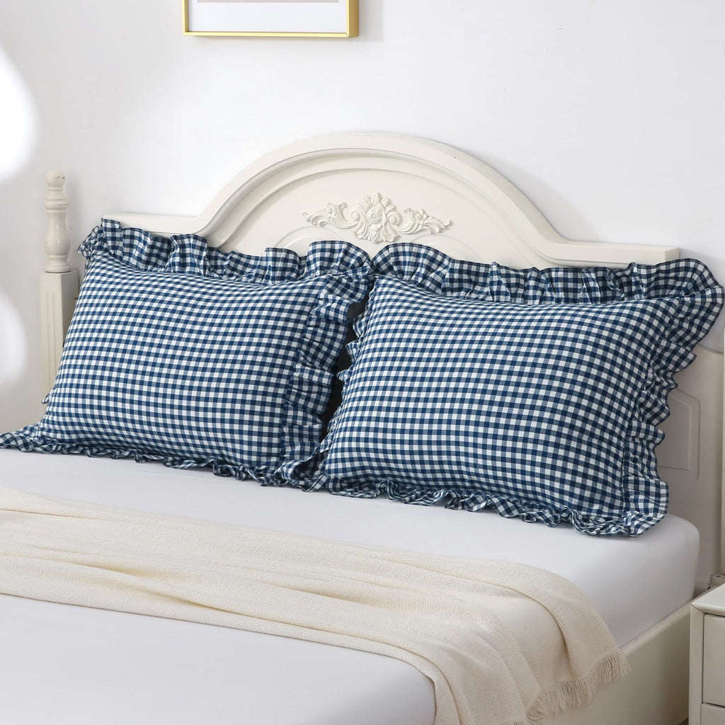 Navy Blue/White Plaid Pillow Shams Standard Size Set Of 2,Shabby Checkered Ruffle Pillow Cover Washed Cotton Pillowcases 20''X26
