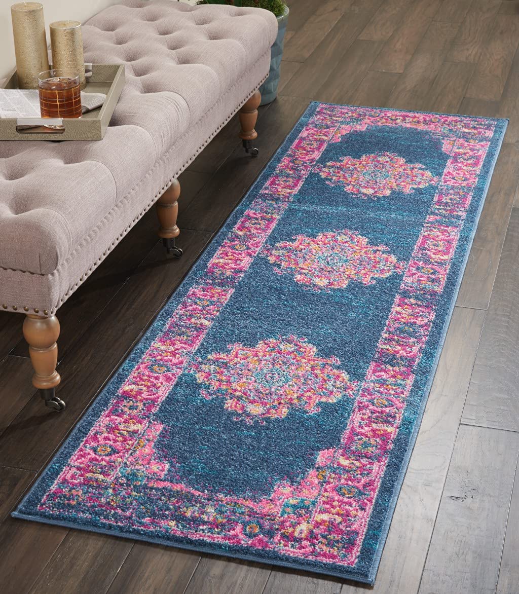HomeRoots 100% Polypropylene 2â?? x 10â?? Blue and Pink Medallion Runner Rug