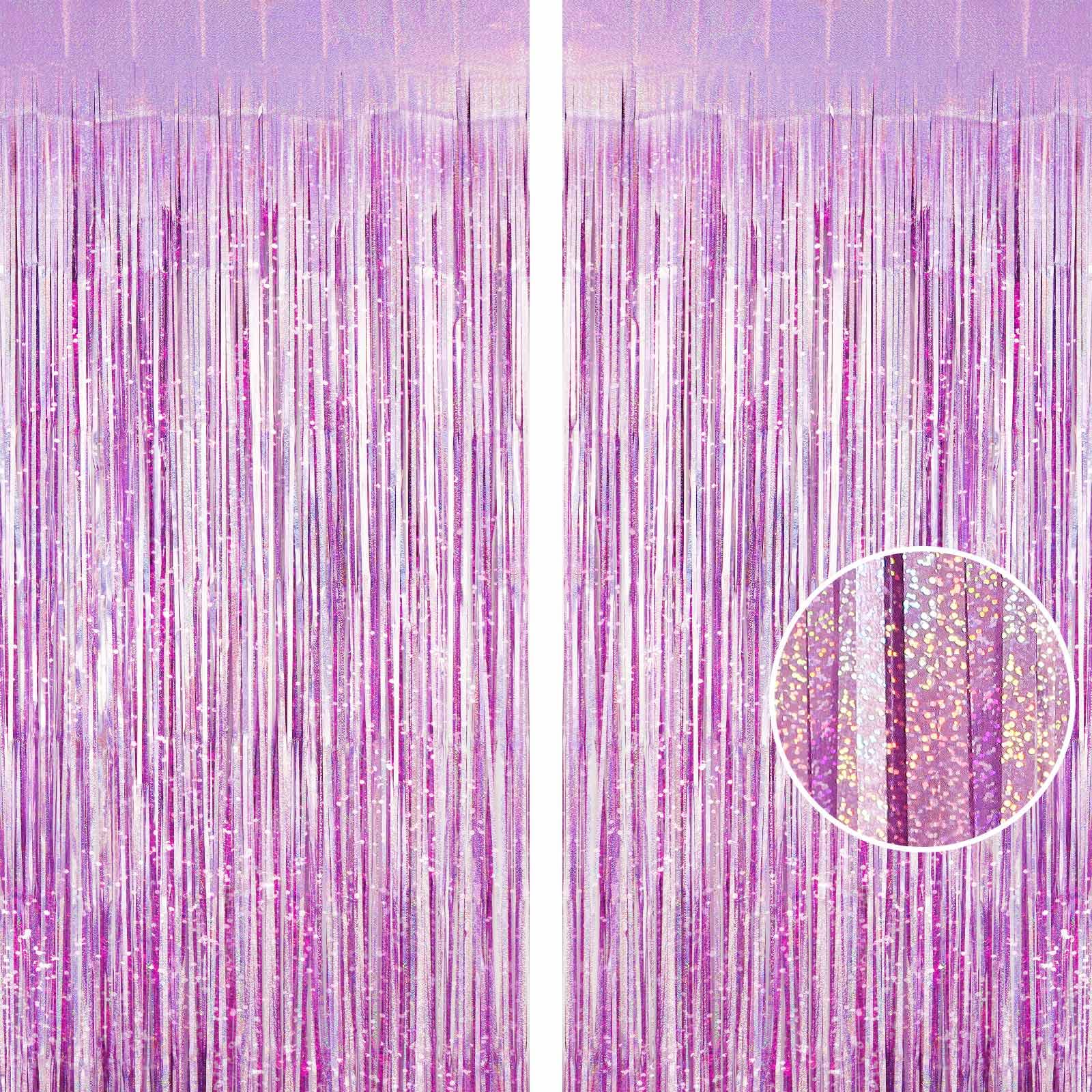 Light Purple Fringe Curtain Backdrop, 2 Pack Tinsel Foil Fringe Curtains Party Decorations Streamers, Xmas Light Purple Metallic