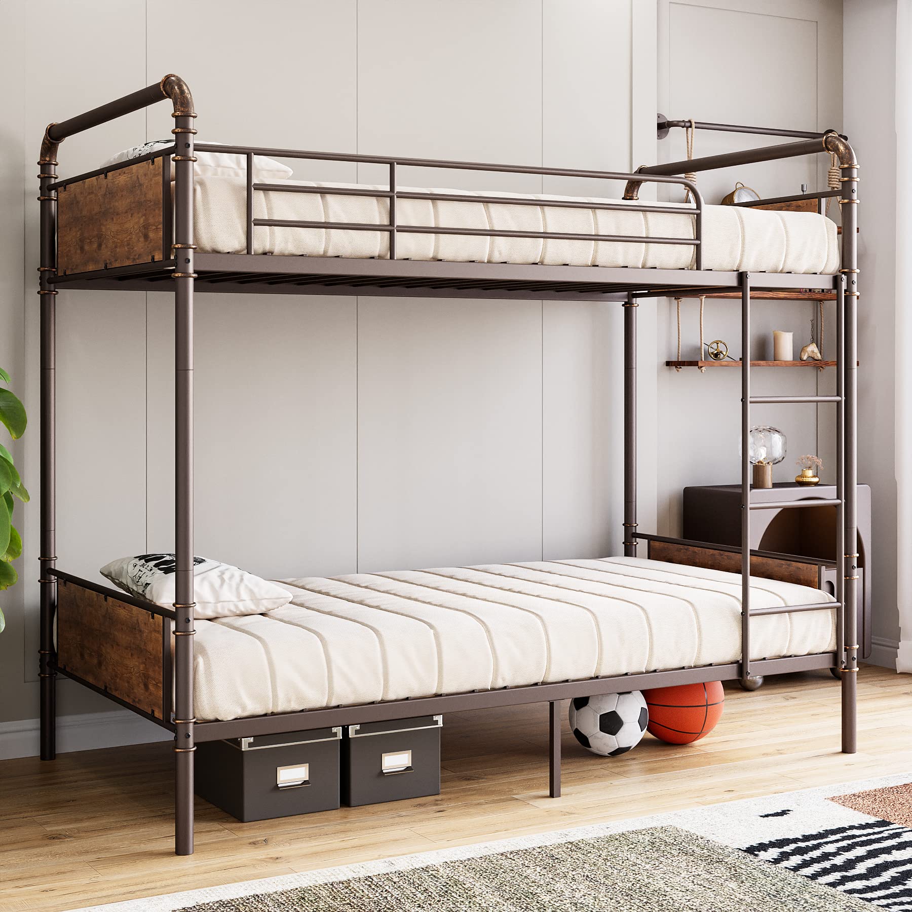 IDEALHOUSE Twin Over Twin Metal Bunk Bed with High Guardrail and Ladder, Convertible Metal Bunk Beds for Kids/Teens/Adults,Easy 
