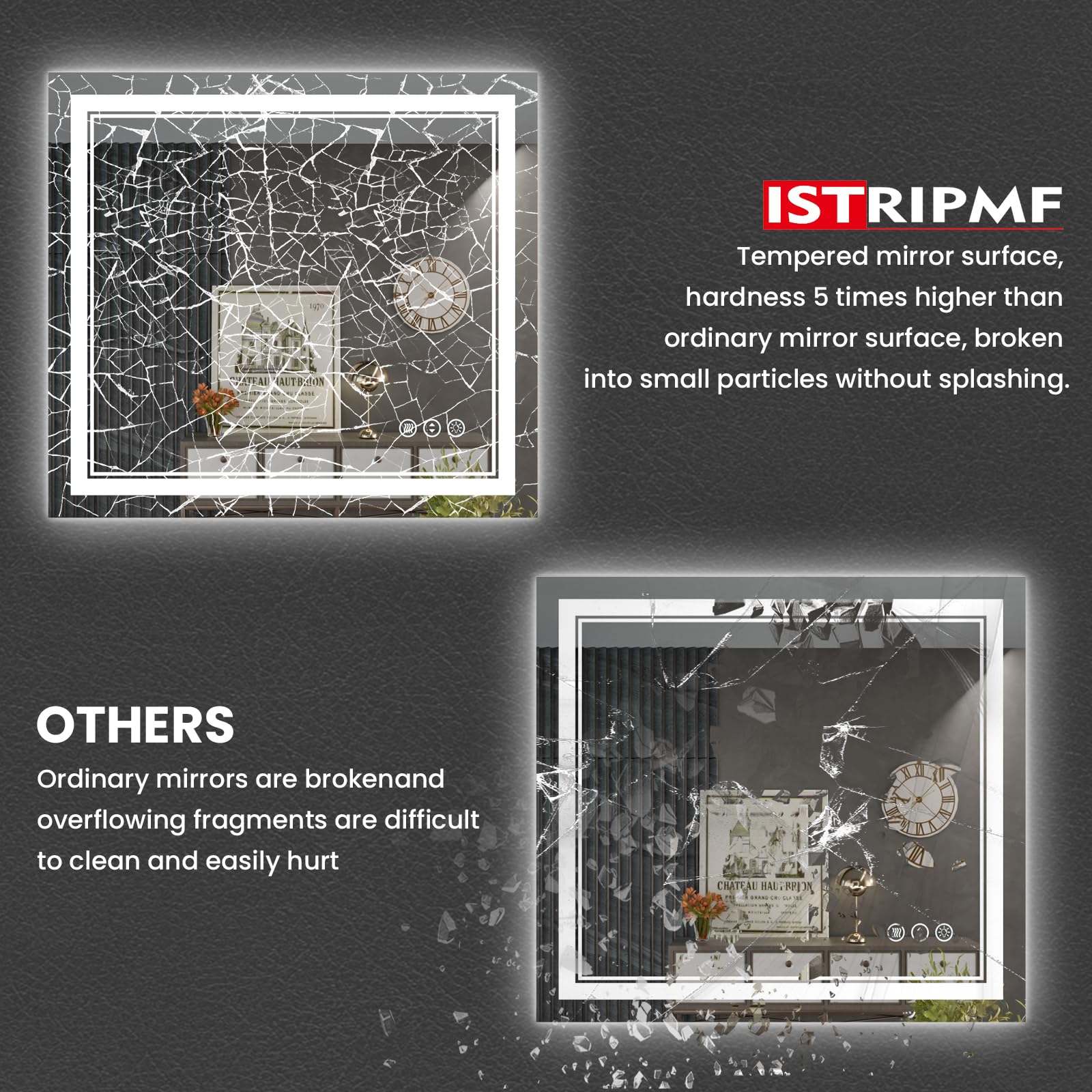 Istripmf 40 X 38 Inch Led Bathroom Mirror, Front Light And Backlit Anti-Fog Dimmable Memory Lighted Vanity Mirror, Shatterproof