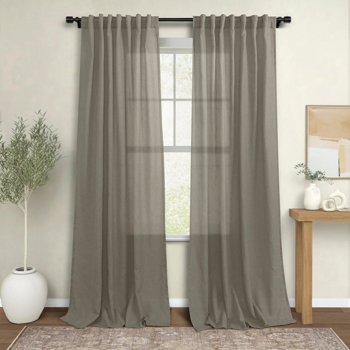 KOUFALL 90 Inch Curtains Long for Living Room,Sheer Linen Semi Light Filtering Custom Made Curtains for Windows Dining Room Bedroom,52x90 in Length 2 Panels Set,Taupe/Light Brown