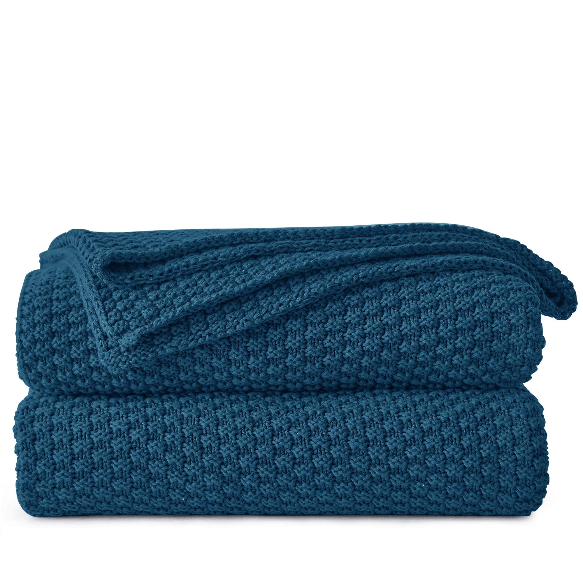 Longhui Bedding Blue Knitted Throw Blanket For Couch - Soft, Cozy Machine Washable 100% Cotton Sofa Knit Blankets, Heavy 3.0Lb W