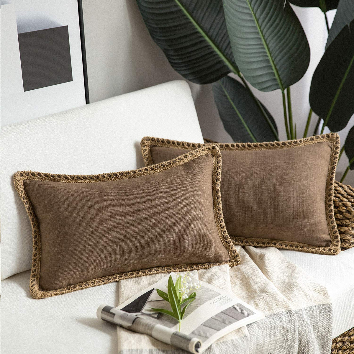 Phantoscope Pack Of 2 Farmhouse Decorative Solid Throw Decorative Pillow Cover Burlap Linen Trimmed Tailored Edges Coffee 12 X 2