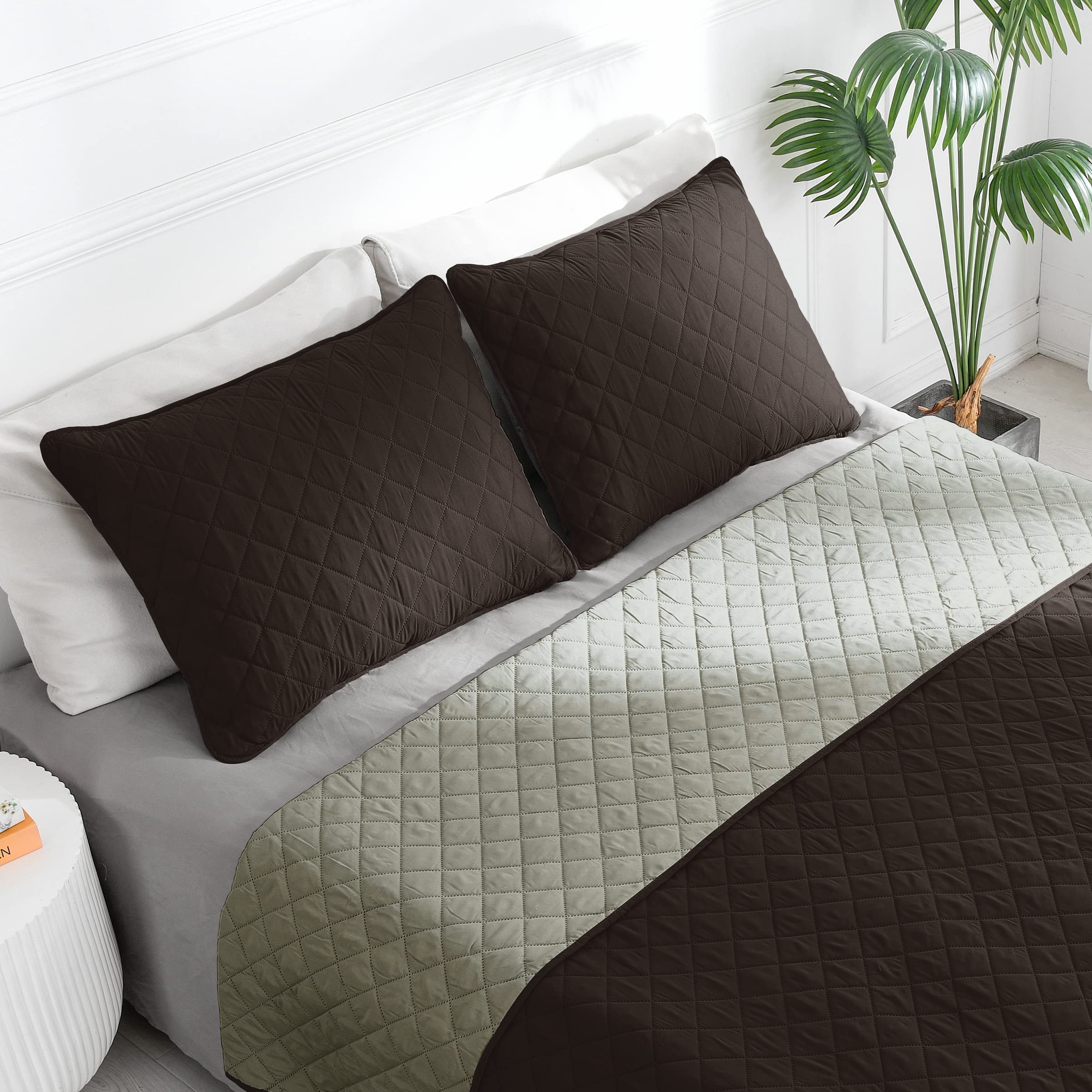 Easy-Going Twin Size Reversible Quilt Set With 1 Quilt And 1 Pillow Shams, Soft Bed Quilt Cover, Water Resistant Lightweight Microfiber Bedspread, Stain Resistant, Chocolate/Beige