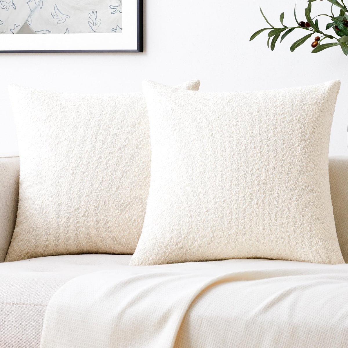 Mixhug Decorative Boucle Throw Pillow Covers, Cream, 18 X 18 Inches, Pack Of 2 - Textured Boho Pillow Covers For Couch And Bed
