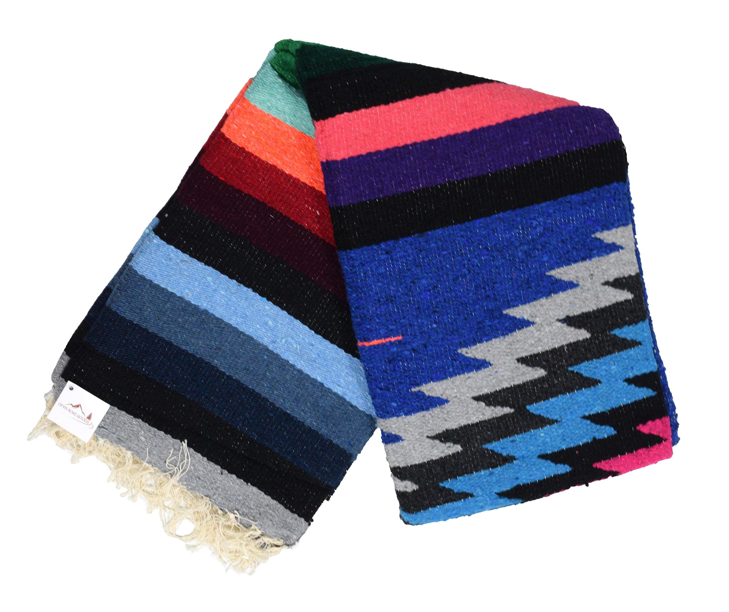Open Road Goods Mexican Beach Blanket, Southwestern Diamond Xl Thick Serape With Stripes Yoga Blanket (White Fiesta Blanket)