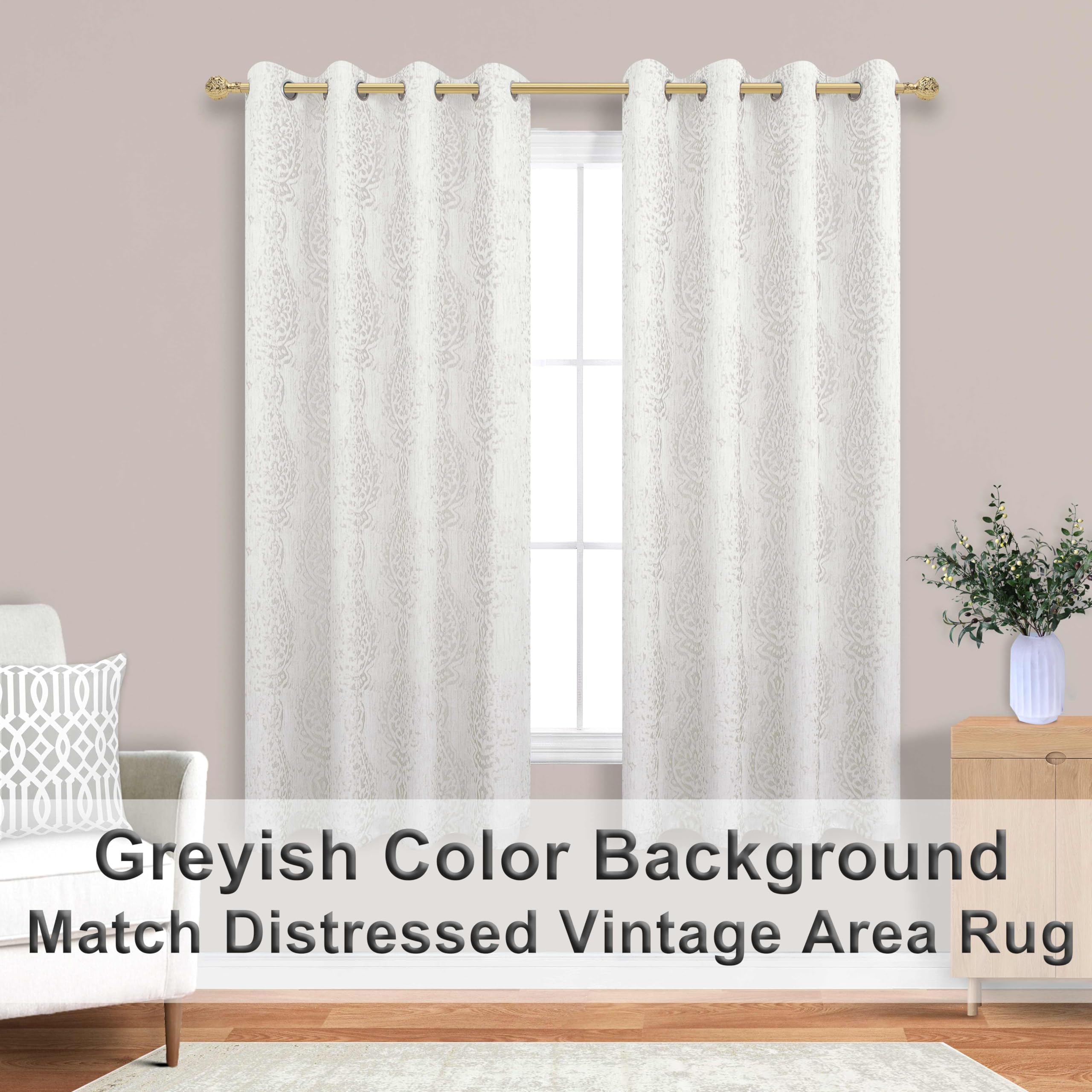 Mrs.Naturall Off White Damask Moroccan Pattern 3D Jacquard Embossed Embroidered Curtains 63 Inches Long For Bedroom Living Room 2 Panels Set Cream