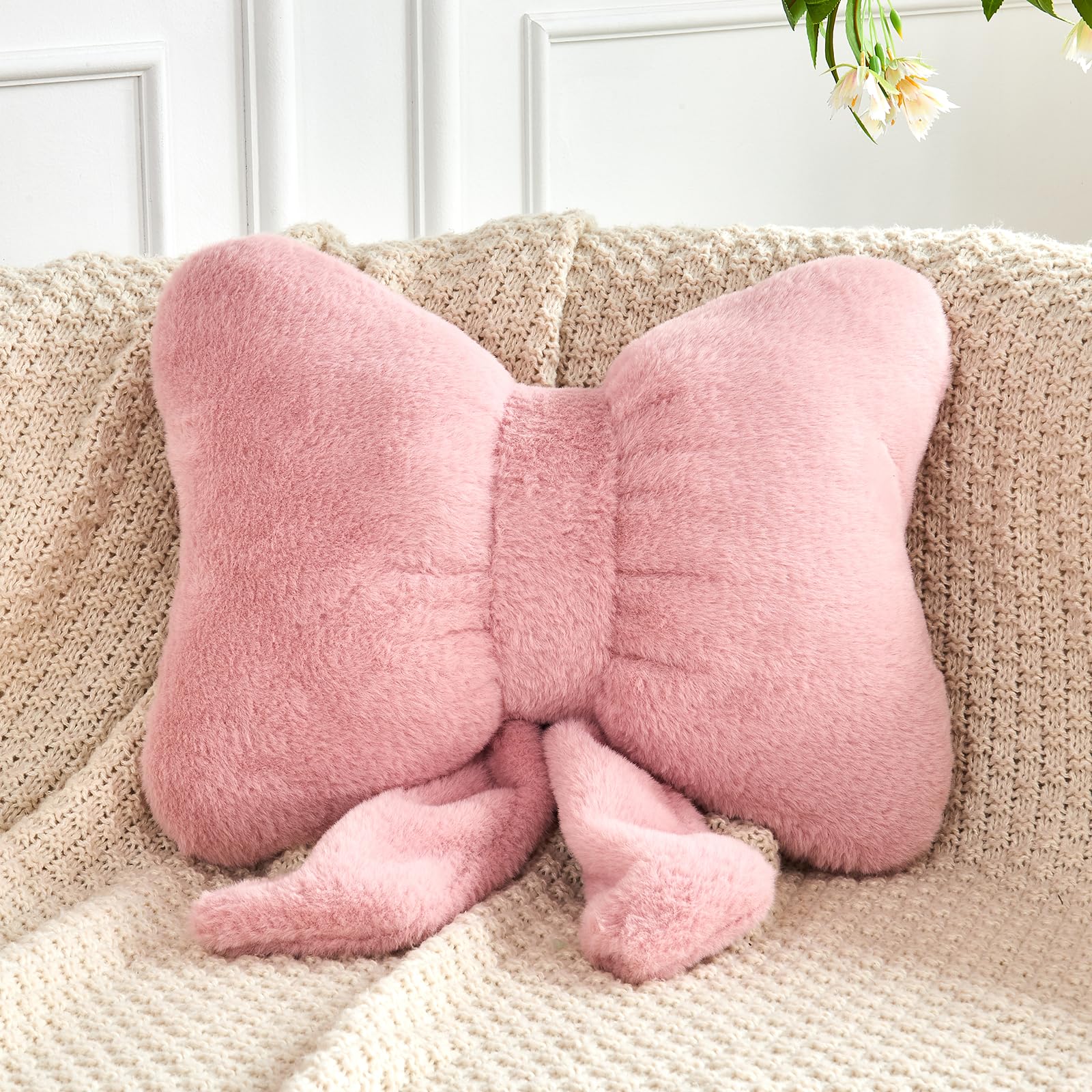 Xvtru Dusty Pink Bow Pillow, Soft Bow Decorative Pillows With Faux Rabbit Fur, Cute 16' Bow Throw Pillows, Aesthetic Home Decor