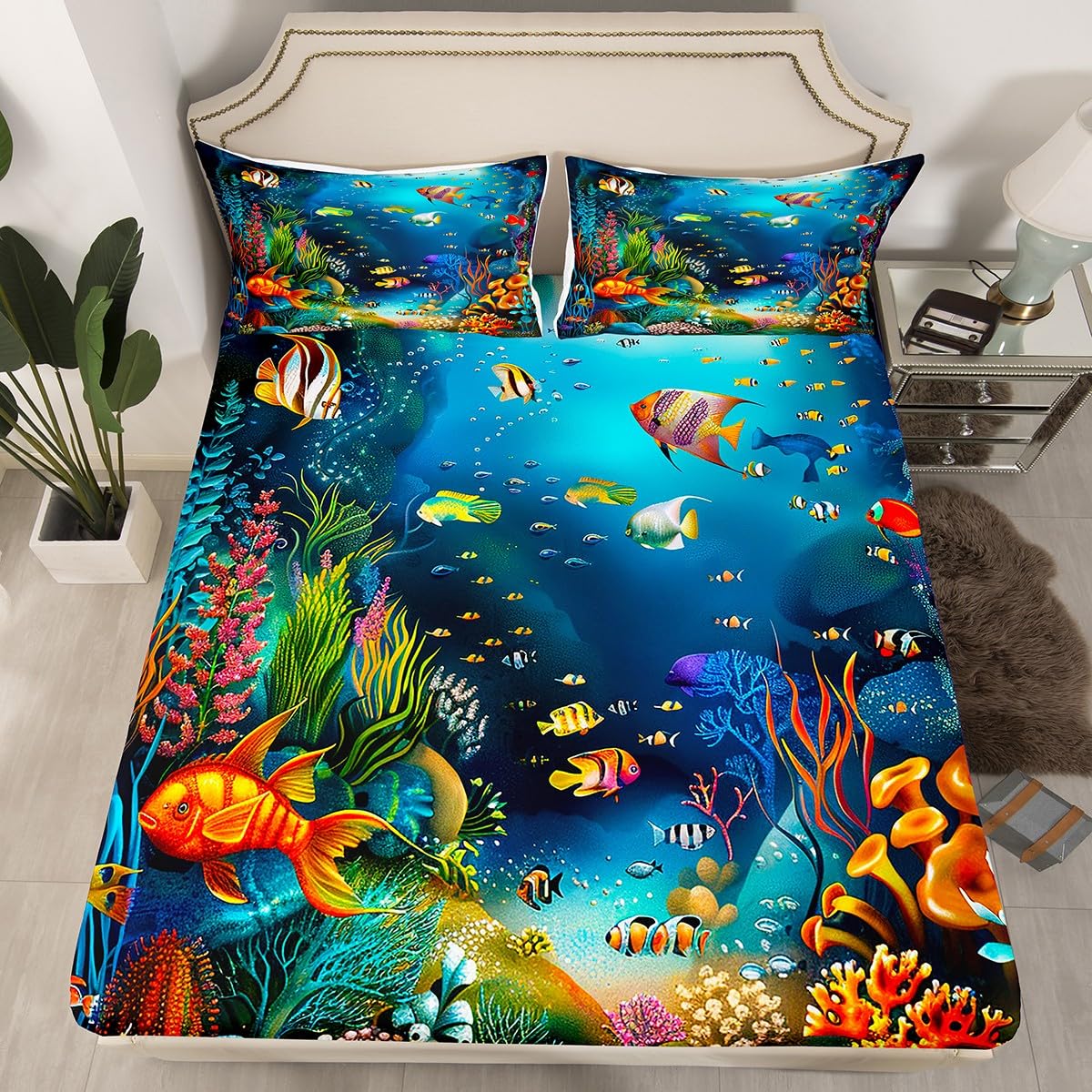 Kids Sheet Set Queen Cartoon Ocean Fish Bed Sheets Ocean Marine Theme Bedding Set For Boys Girls Soft And Cozy Sea Underwater World Sheets Set With Sealife Deep Pocket Fitted Sheet,Vibrant