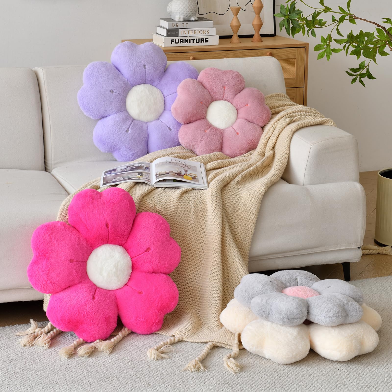 Flower Shaped Pillow, Cute Decorative Throw Pillows With Soft Rabbit Fur For Couch Bed Chair Floor, Christmas Pillow Seating Cus