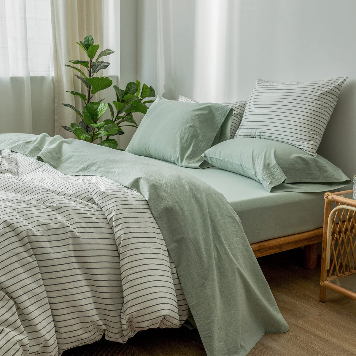 Moomee Bedding Sheet Set 100% Washed Cotton Linen Like Textured Breathable Durable Soft Comfy (Sage Green, King)