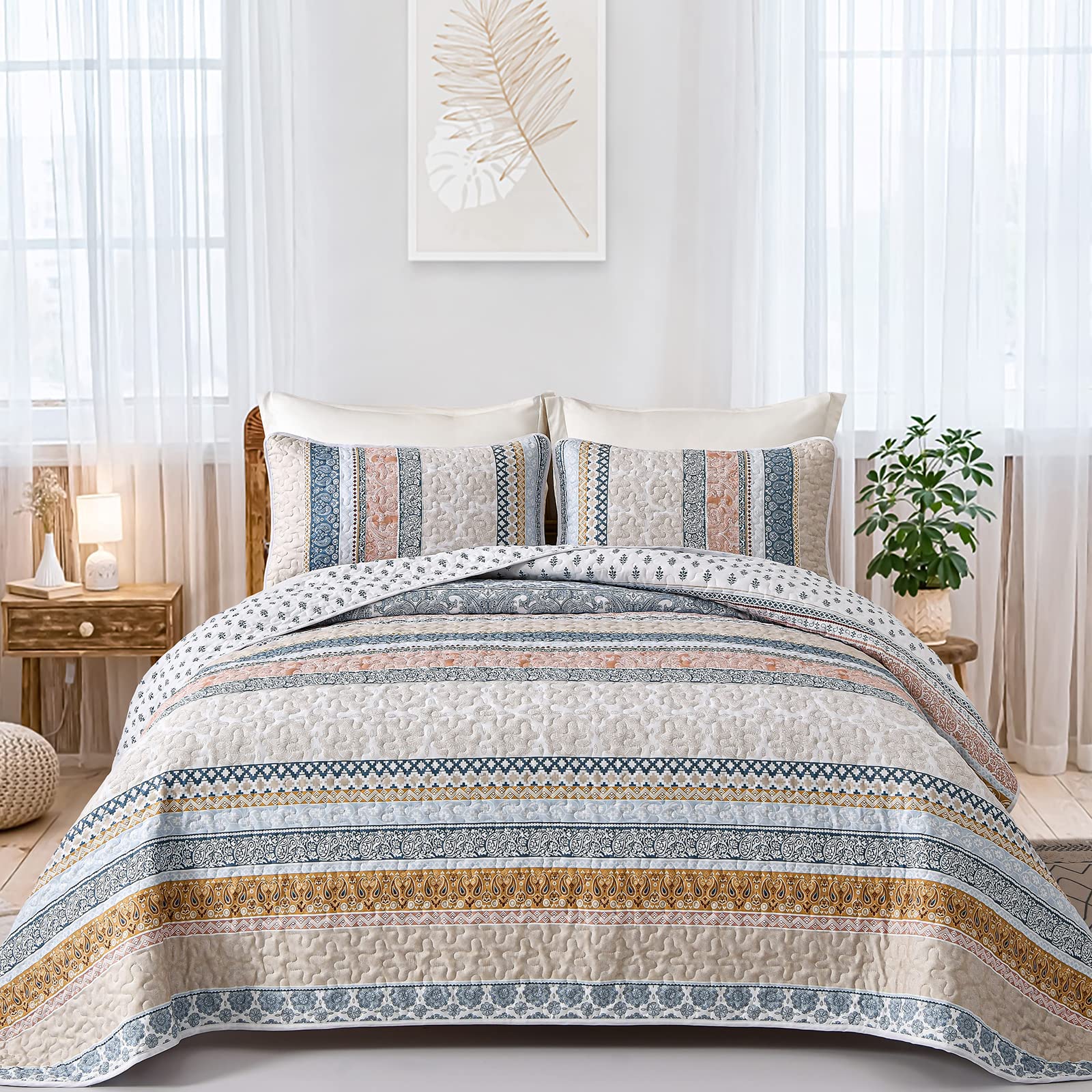 Wongs Bedding Boho Quilt Set California King Size, Yellow Bohemian 3 Pieces Fall Quilt Sets, Lightweight Microfiber Bedspread Co