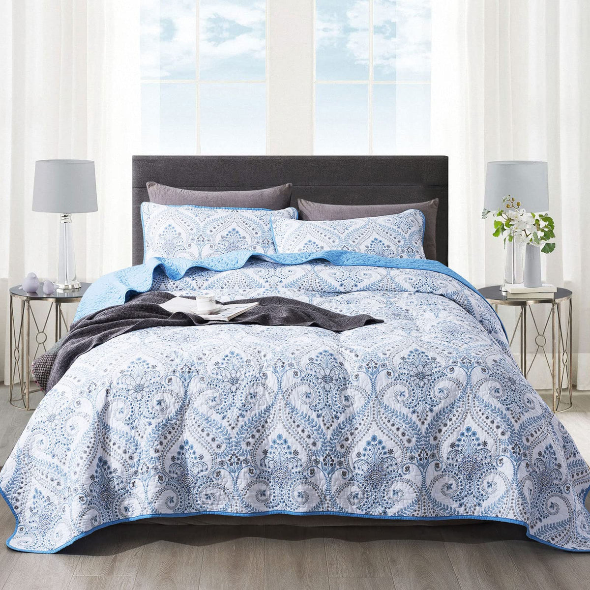 Newlake Cotton Bedspread Quilt Sets - Reversible Patchwork Coverlet Set, Blue Classic Royal Pattern, California King Size
