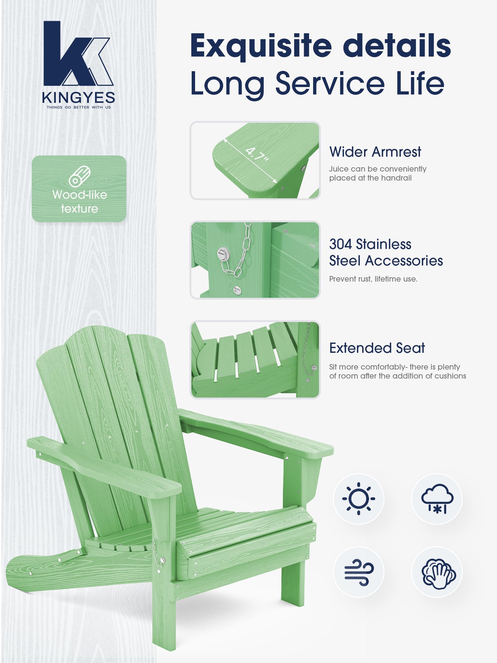 Kingyes Folding Adirondack Chair Set Of 2, Hdpe All-Weather Folding Adirondack Chair, Light Green