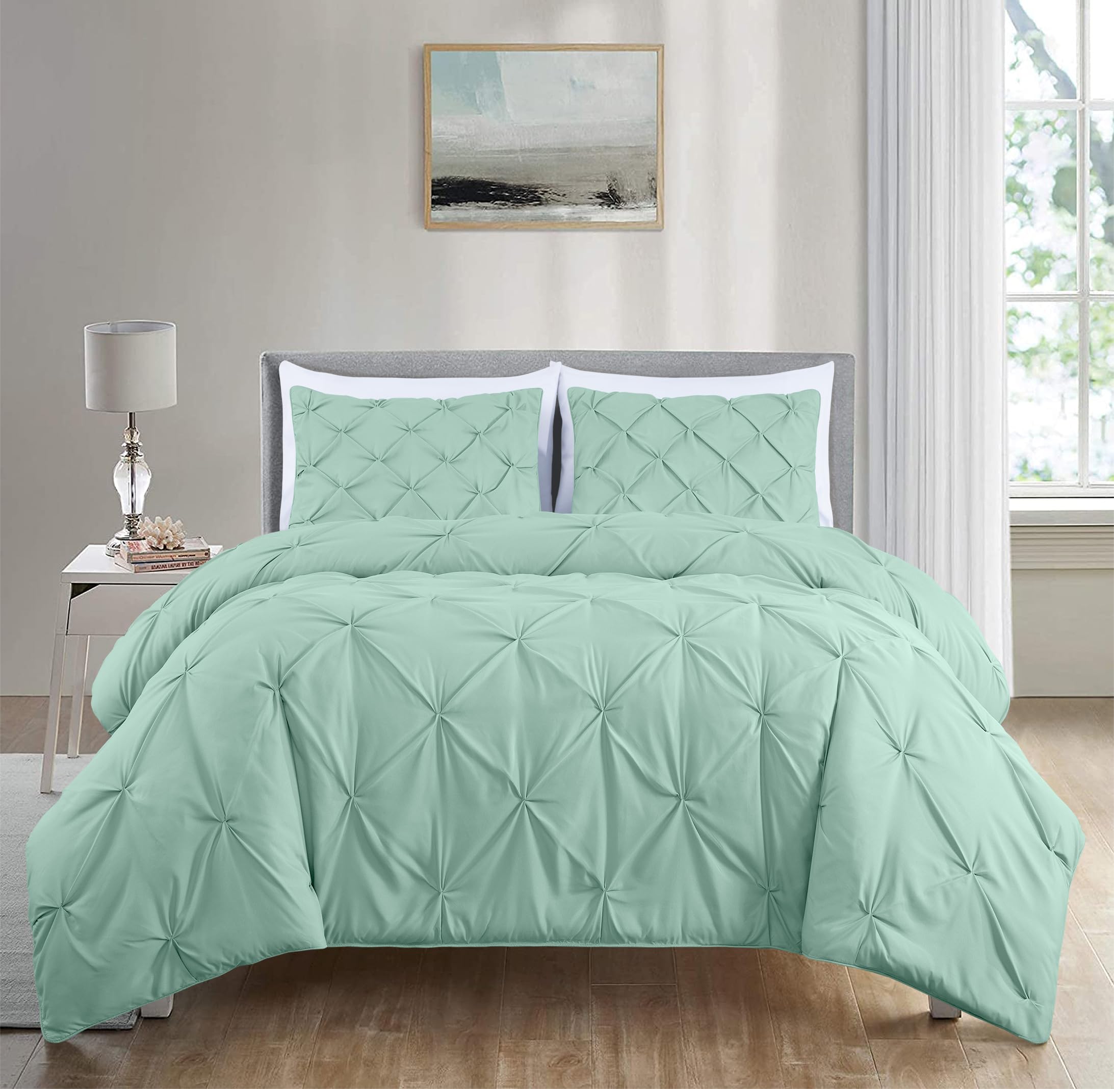 Chezmoi Collection Berlin 3-Piece Pintuck Pinch Pleat Bedding Comforter Set (Full, Seafoam Green)