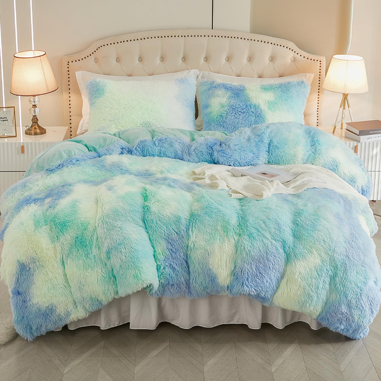 Emme Luxury Blue Fuzzy Duvet Cover Set Queen Size 3 Pieces Fluffy Comforter Cover Set For Queen Bed Shaggy And Plush Soft Beddin