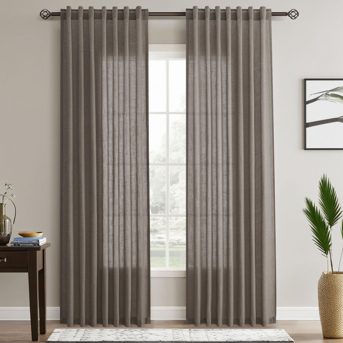 Joywell Light Brown Linen Semi Sheer Curtains 84 Inches Length Long Rod Pocket Back Tab Hook Belt Clip Rings Window Curtains Drapes For Bedroom Living Room 2 Panels 52X84