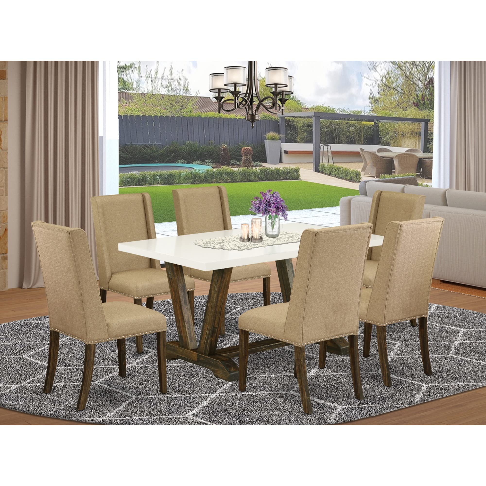 East West Furniture X-Style 7 Piece Dinette Set Consist Of A Rectangle Dining Room Table With X-Legs And 6 Dark Gotham Linen Fabric Upholstered Chairs, 36X60 Inch, X676Ga650-7
