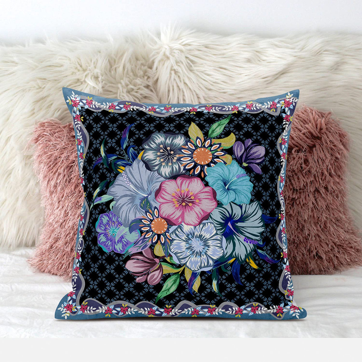 HomeRoots 28x28 Black Blue Blown Seam Broadcloth Floral Throw Pillow