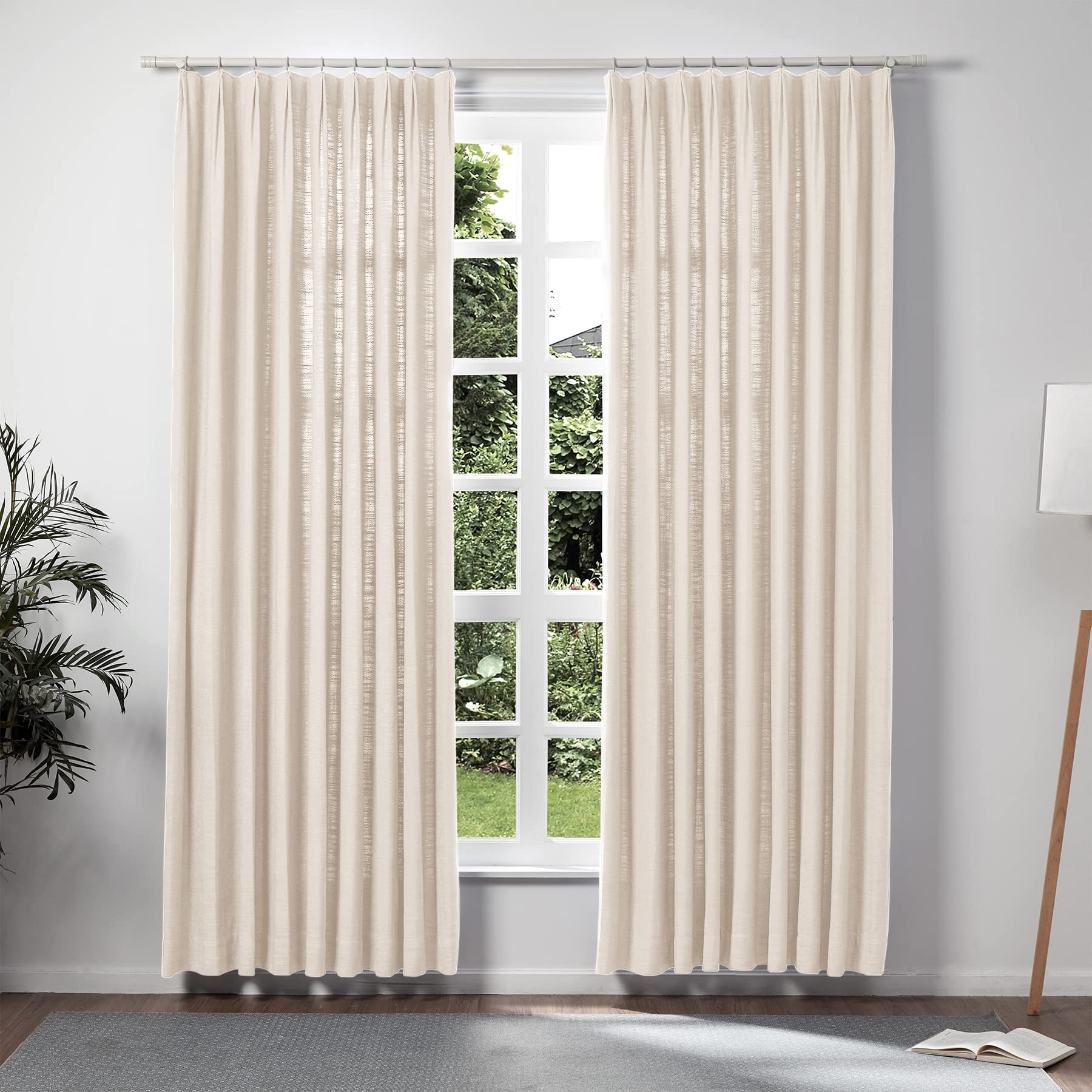 Twopages Sand Beige Pinch Pleated Drape 96 Inch Length Linen Light Filtering Room Darkening Curtain For Bedroom, Double Layer Li
