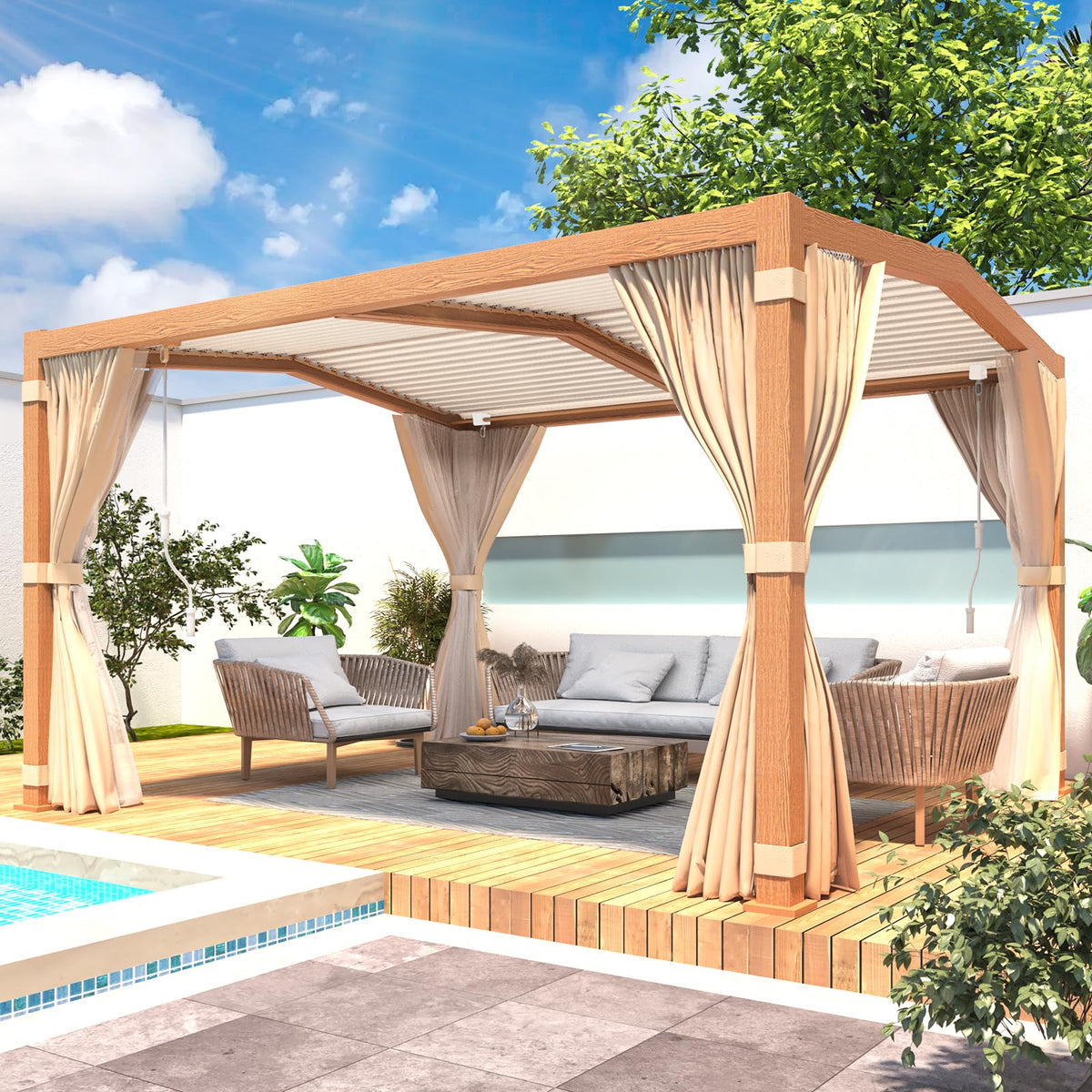 Mellcom Louvered Pergola 11X13, Aluminum Pergola With Adjustable Louvered Pitched Roof, Wood Grain Outdoor Small Pergola With Wa