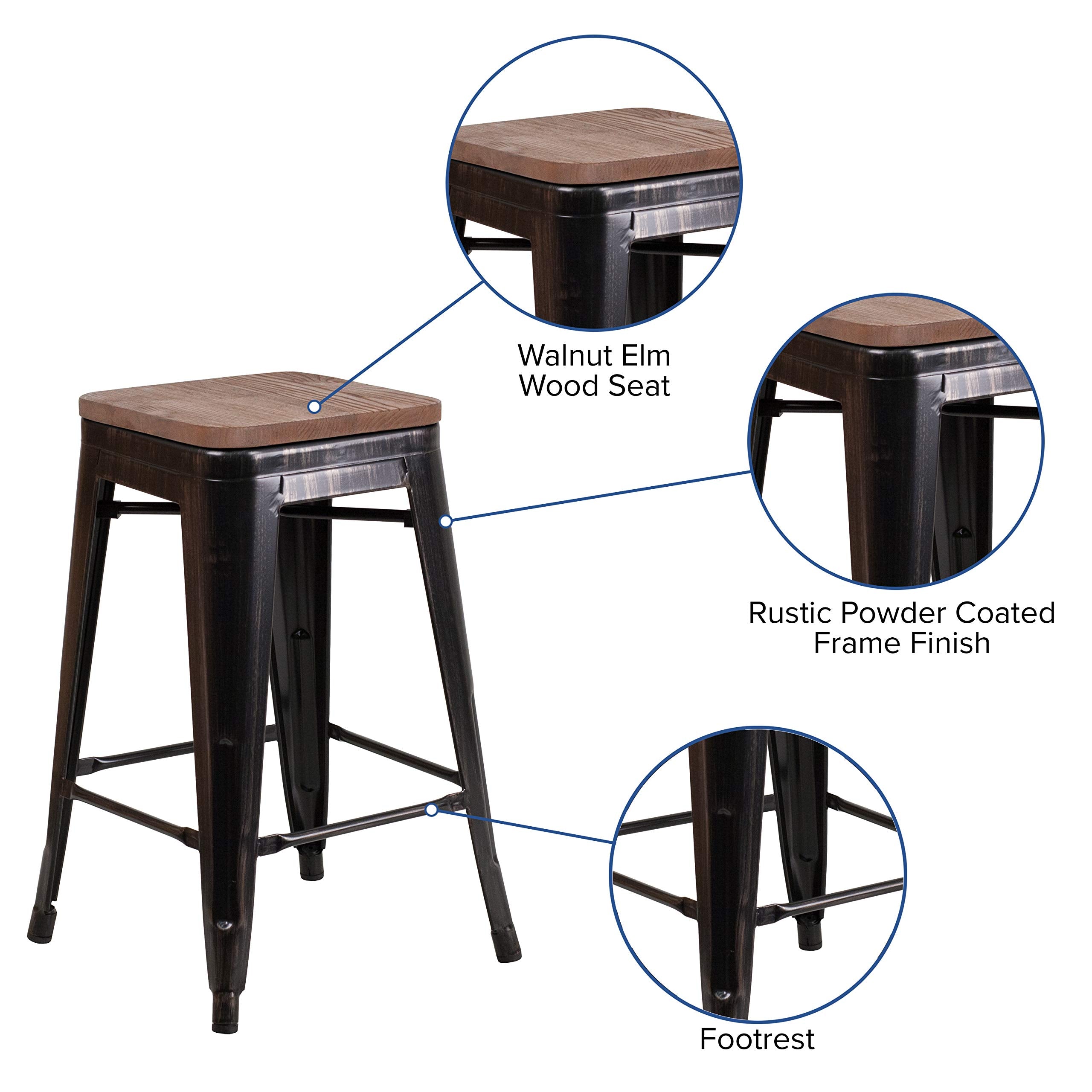 Flash Furniture Lily 24&quot; High Backless Black-Antique Gold Metal Counter Height Stool With Square Wood Seat (Pack Of 1)