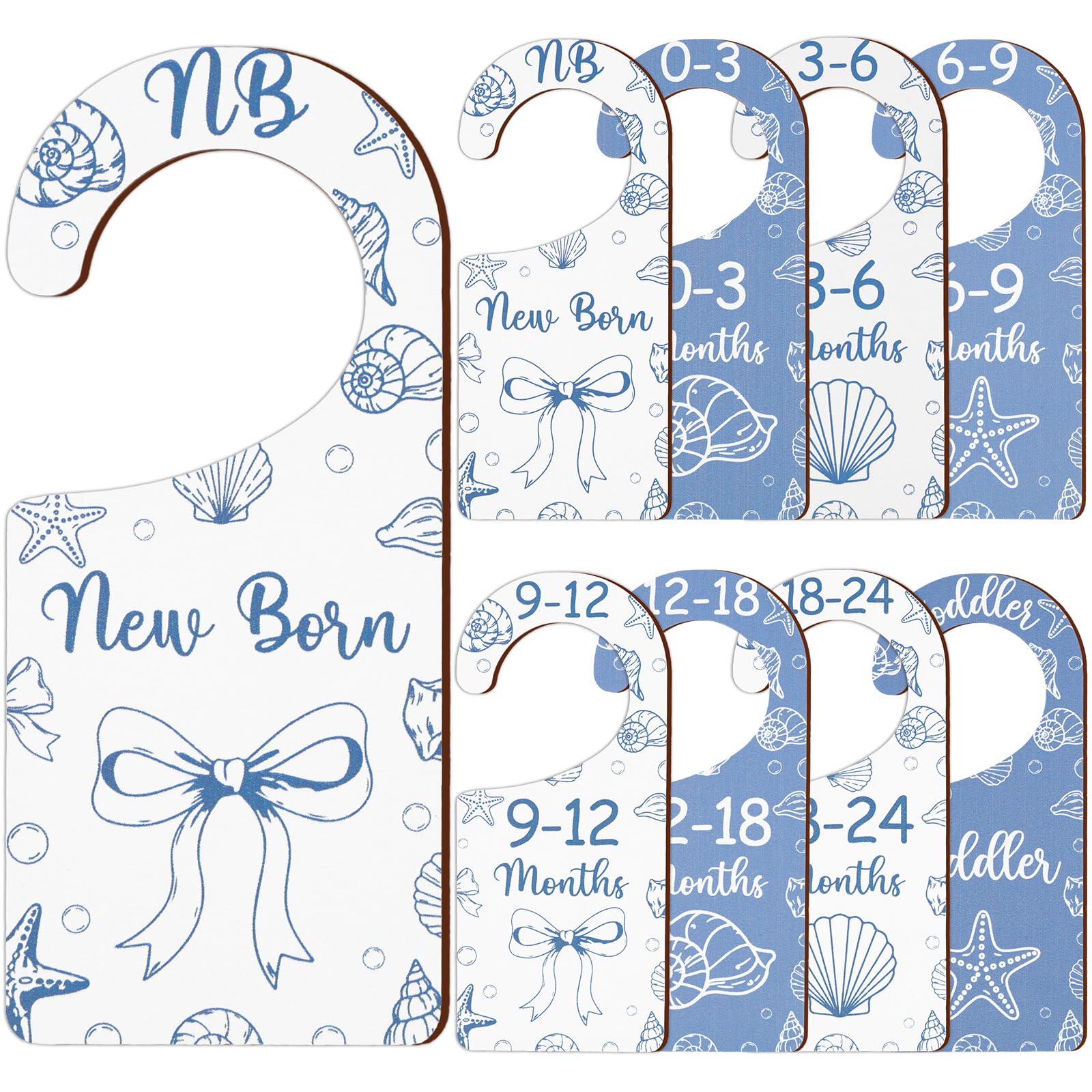 CORNER LACE Baby Closet Dividers 8PCS, Blue Shell & Bows Themed Wooden Double-Sided Clothes Size Hanger/Organizer from Newborn t