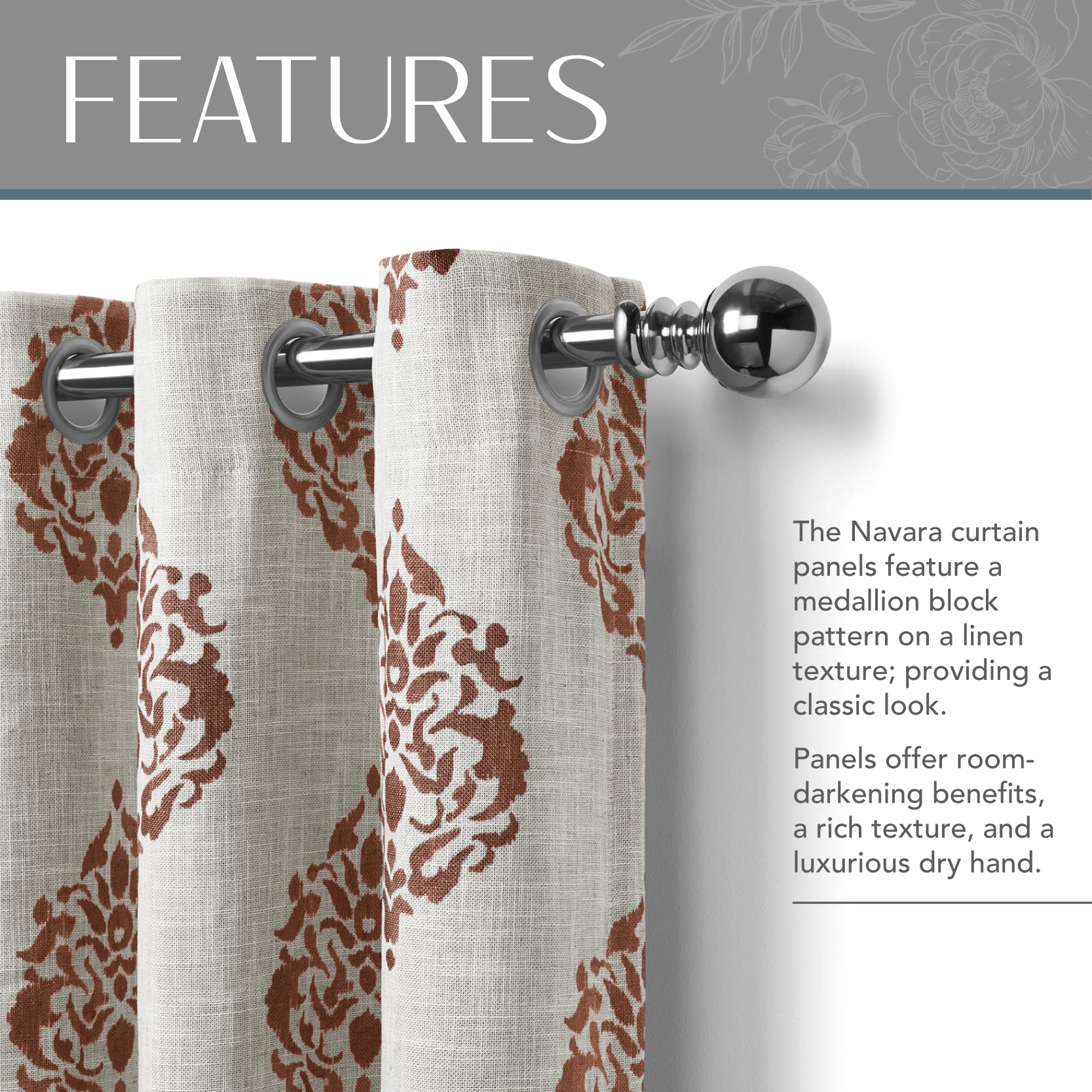 Elrene Home Fashions Navara Medallion Room-Darkening Window Curtain, Single Panel, 52'' X 95'' (1 Panel), Cinnamon Red