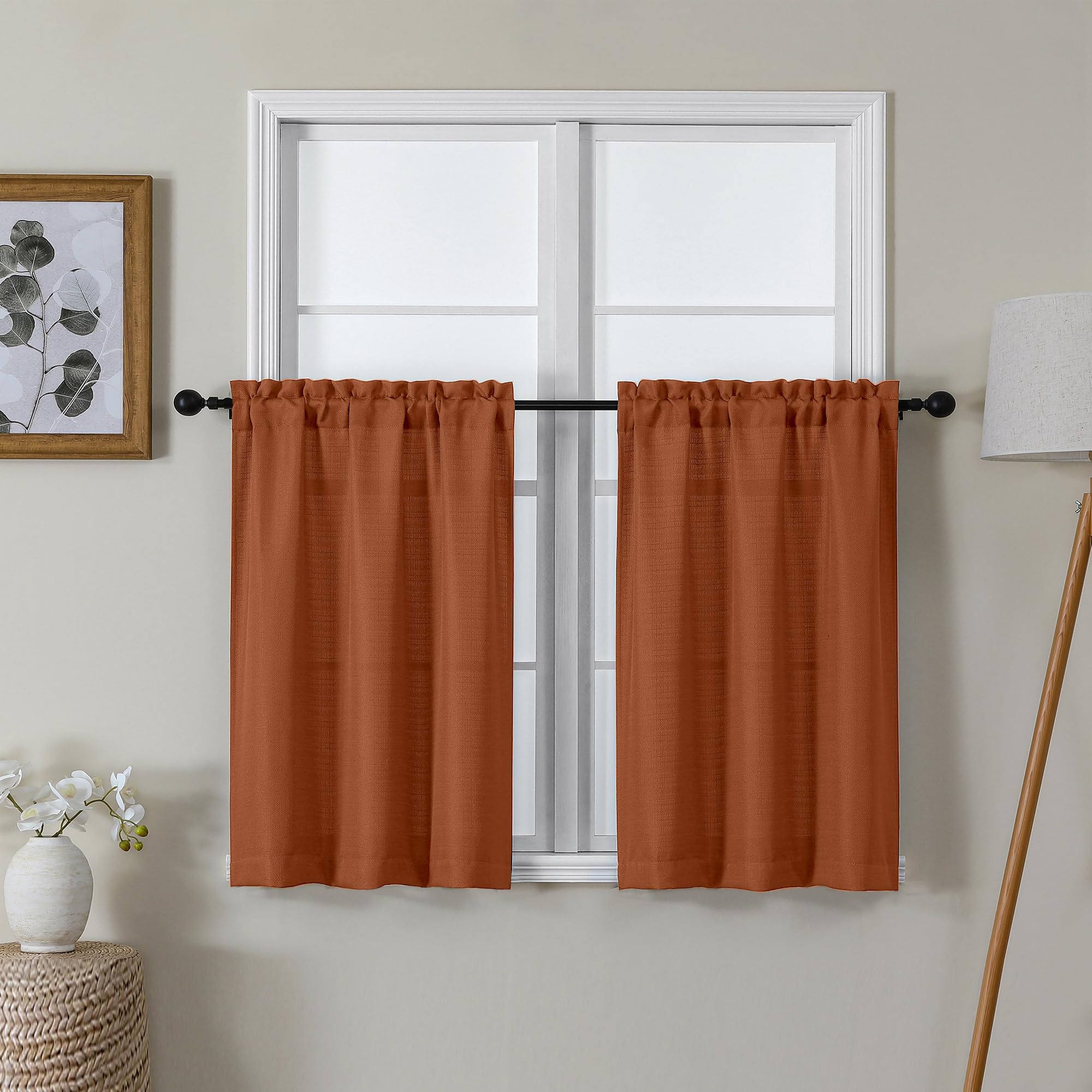 Lecloud Bessie Orange Kitchen Curtains 30 Inch Length 2 Pcs, Light Filtering Cafe Short Curtain Tiers, Dual Rod Pocket Window Tr