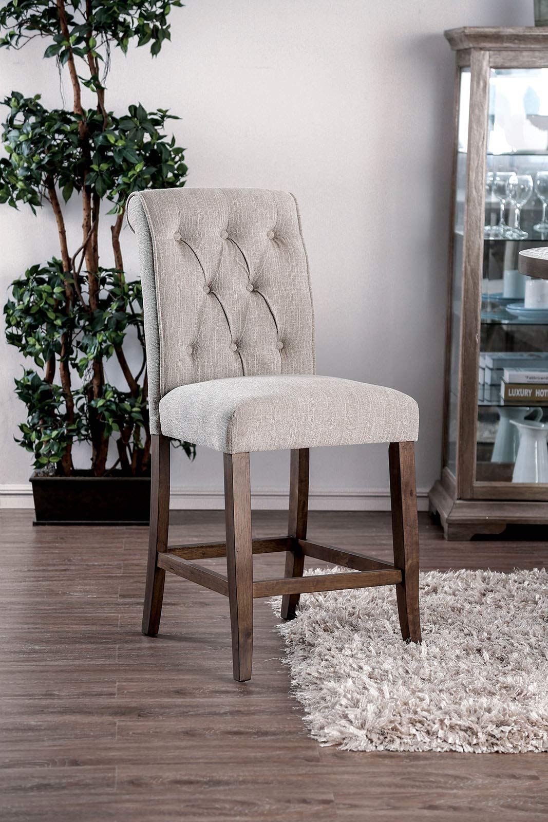 Benjara Benzara Wooden Fabric Upholstered Counter Height Chair, Pack Of Two, Cream And Brown,