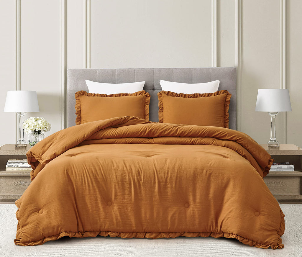 Chezmoi Collection Nora Spice Orange Comforter Set Twin Size 2-Piece Lightweight Soft Fluffy Ruffled Edge Trim Stone-Washed Micr