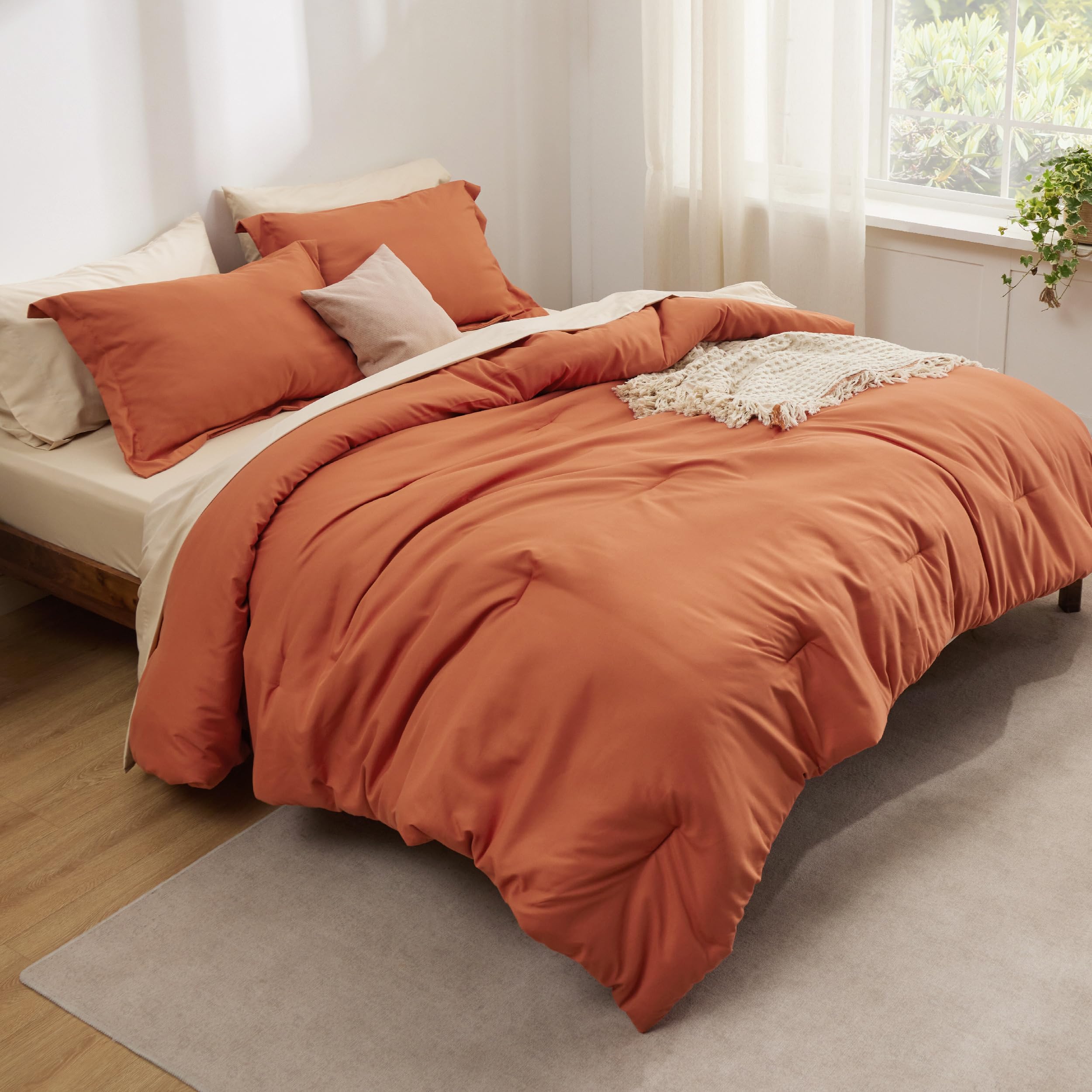 Bedsure King Size Comforter Set - 7 Pieces Burnt Orange King Bedding Set For All Seasons, Boho Contrasting Design Bed In A Bag With Comforter, Sheets, Pillowcases & Shams