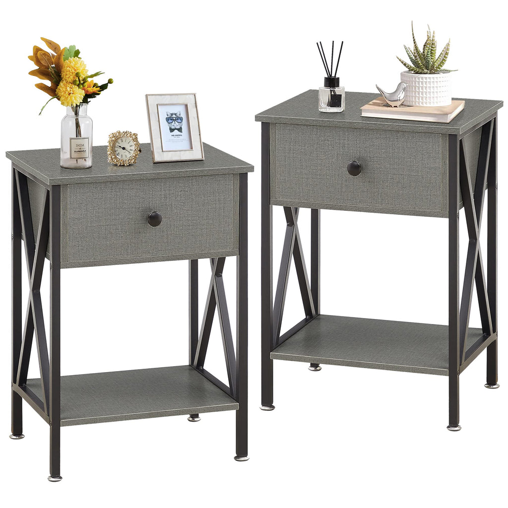 Vecelo Nightstand,Side End Table With Drawer,Storage Shelf For Living Room Bedroom,Modern Style,Set Of 2, Hemp Gray