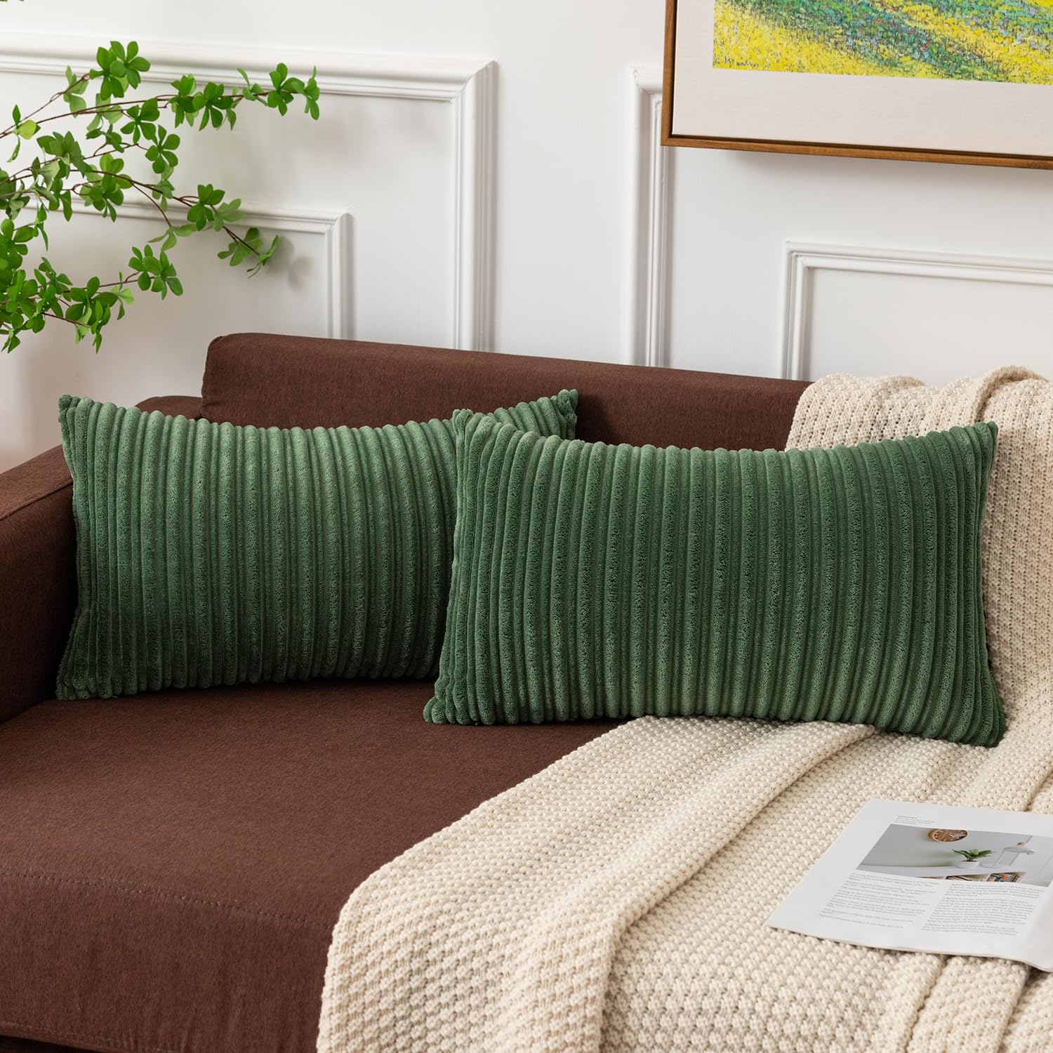 Kevin Textile Pack Of 2 Corduroy Soft Soild Spring Decorative Rectangle Throw Pillow Covers Set Cushion Cases Pillowcases For Sofa Bedroom Car 12 X 20 Inch 30 X 50 Cm Moss Green