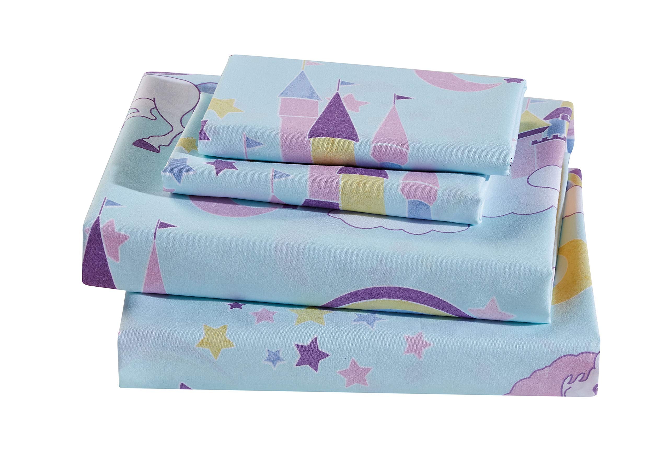 Fancy Collection Unicorn Rainbow Castle Stars Moon Pink Aqua Purple White Yellow Girls/Teens Sheet Set New (Twin)