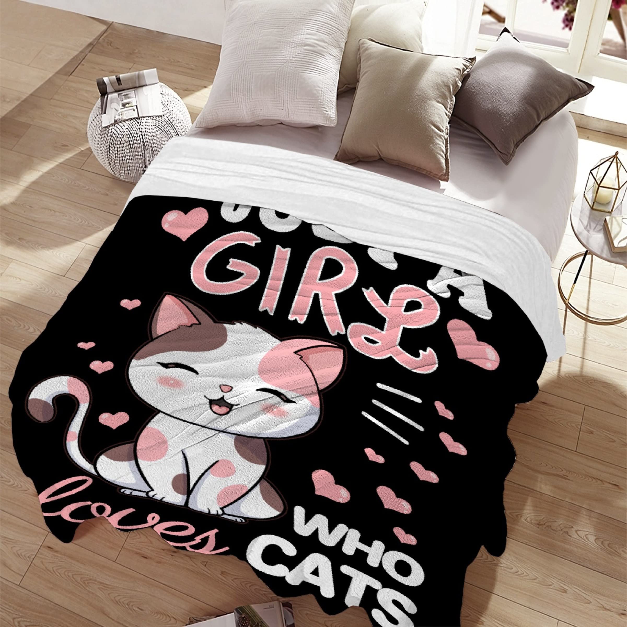 Cat Blanket Plush Gift For Kids Women Comfy Throw-Just A Girl Who Loves Cats-Soft Lightweight Kawaii Kitten Quilt Cozy Sheet Cut
