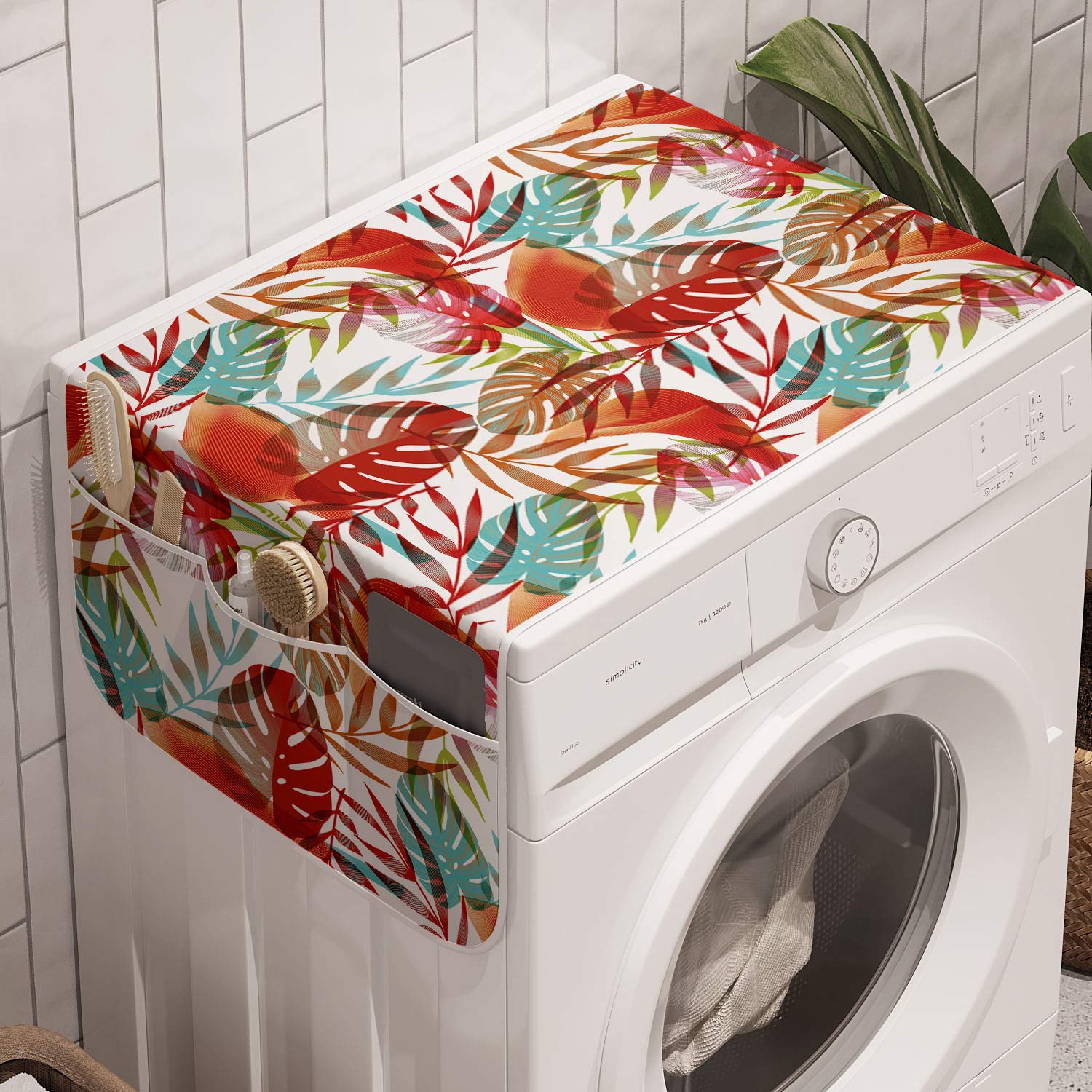 Ambesonne Botanical Washing Machine Organizer, Tropical And Colorful Jungle Monstera Leaves Along Paradise Flowers Pattern, Anti