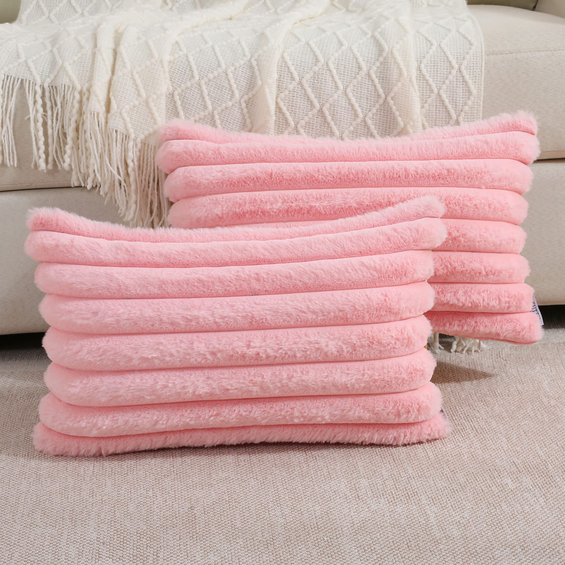 Futei Pink Striped Decorative Throw Pillow Covers 12X20 Inch Set Of 2,Rectangle Spring Decorations Couch Lumbar Pillowcase,Soft