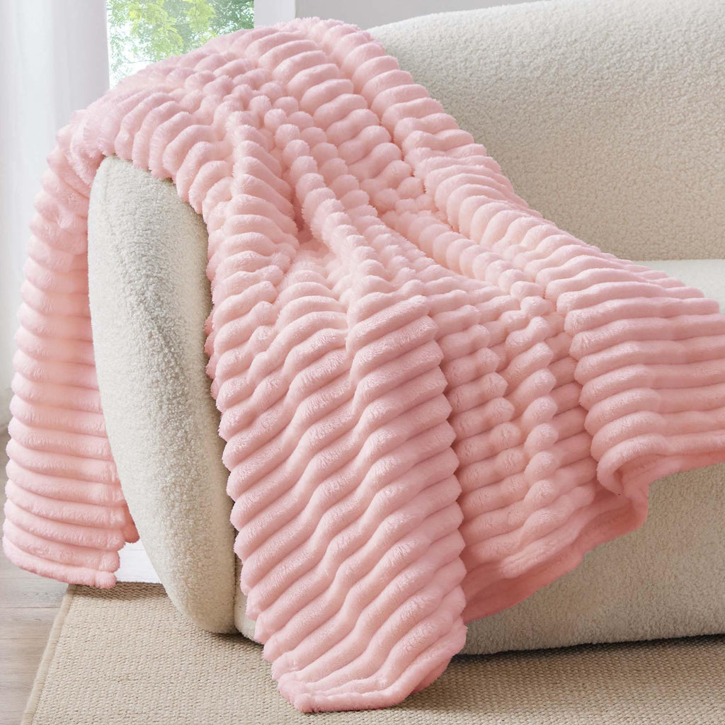 Bedelite Fleece Throw Blanket For Couch, 300Gsm Soft & Warm Fluffy Twin Blanket, Decorative And Giftable Striped Pink Blankets F