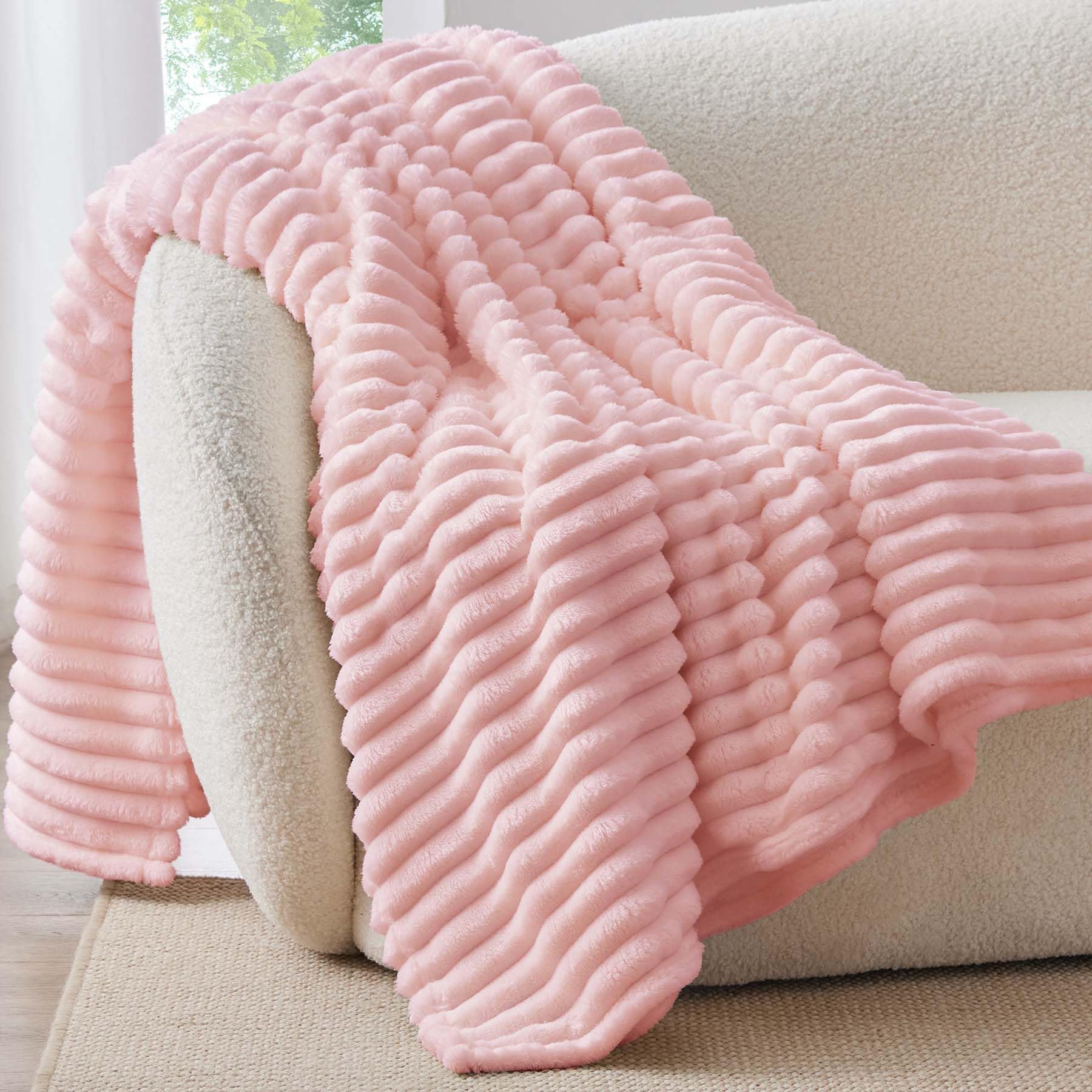 Bedelite Fleece Throw Blanket For Couch, 300Gsm Soft & Warm Fluffy Twin Blanket, Decorative And Giftable Striped Pink Blankets F