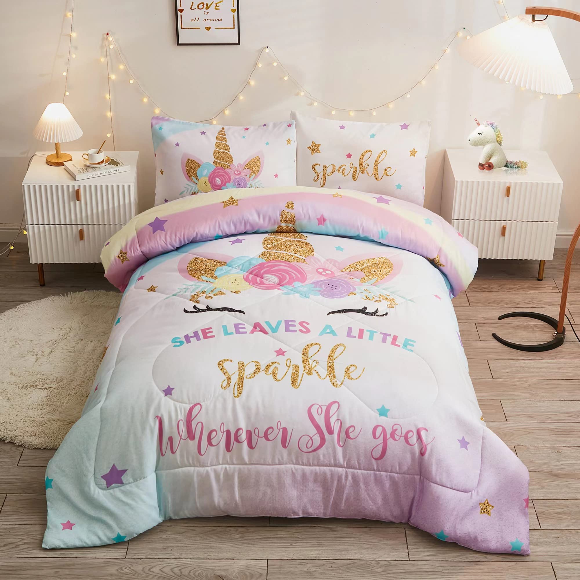 Cokouchyi Twin Size Comforter Set For Girls, 5-Piece Bed In A Bag, 3D Colorful Unicorn Bedding Comforter Sheet Set, Ultra Soft A