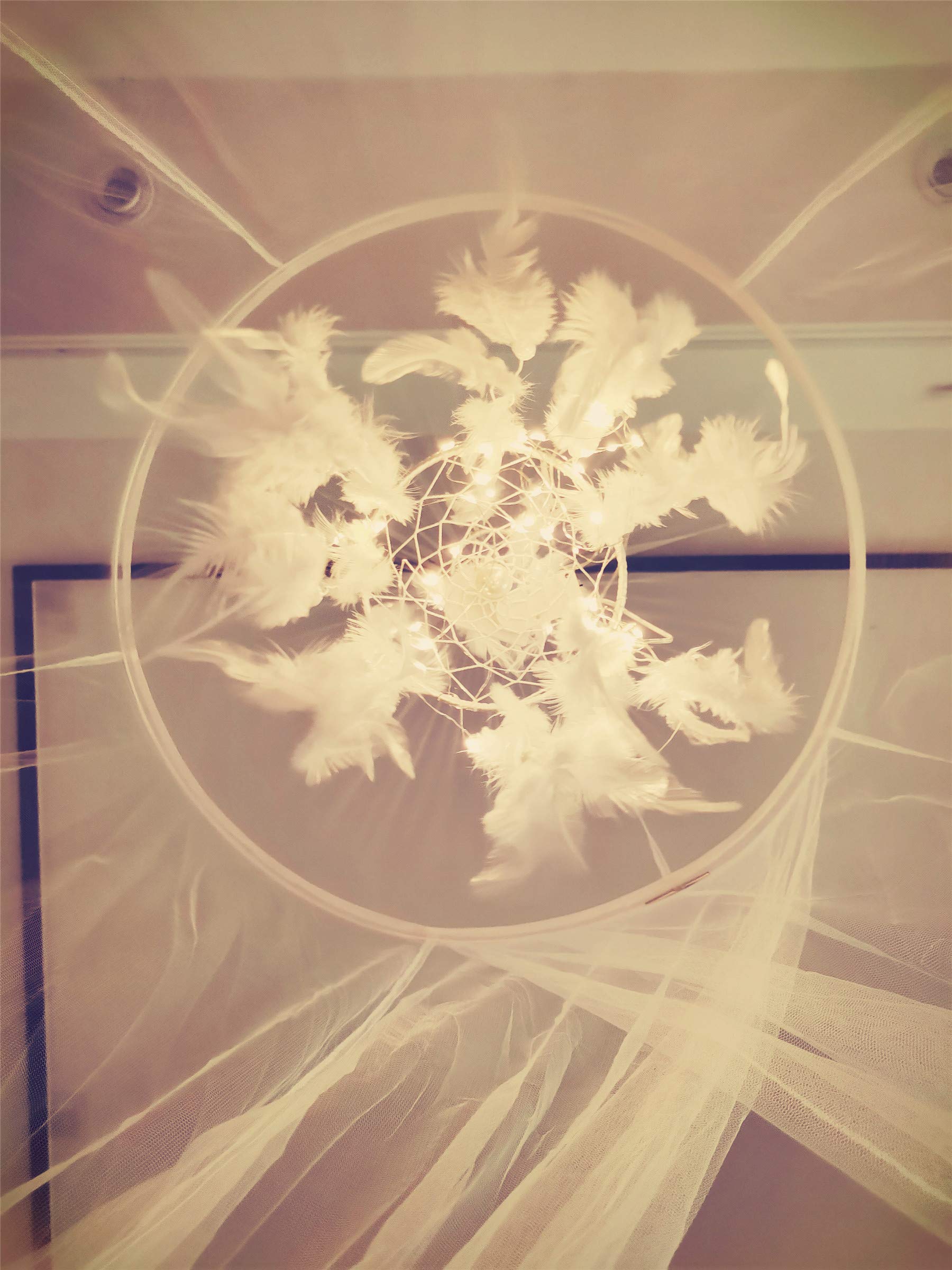 Bed Canopy With Double Circle White Feather Dream Catcher And 50 Led Fairy String Lights, Mosquito Net - Unique Style Dome Bed N