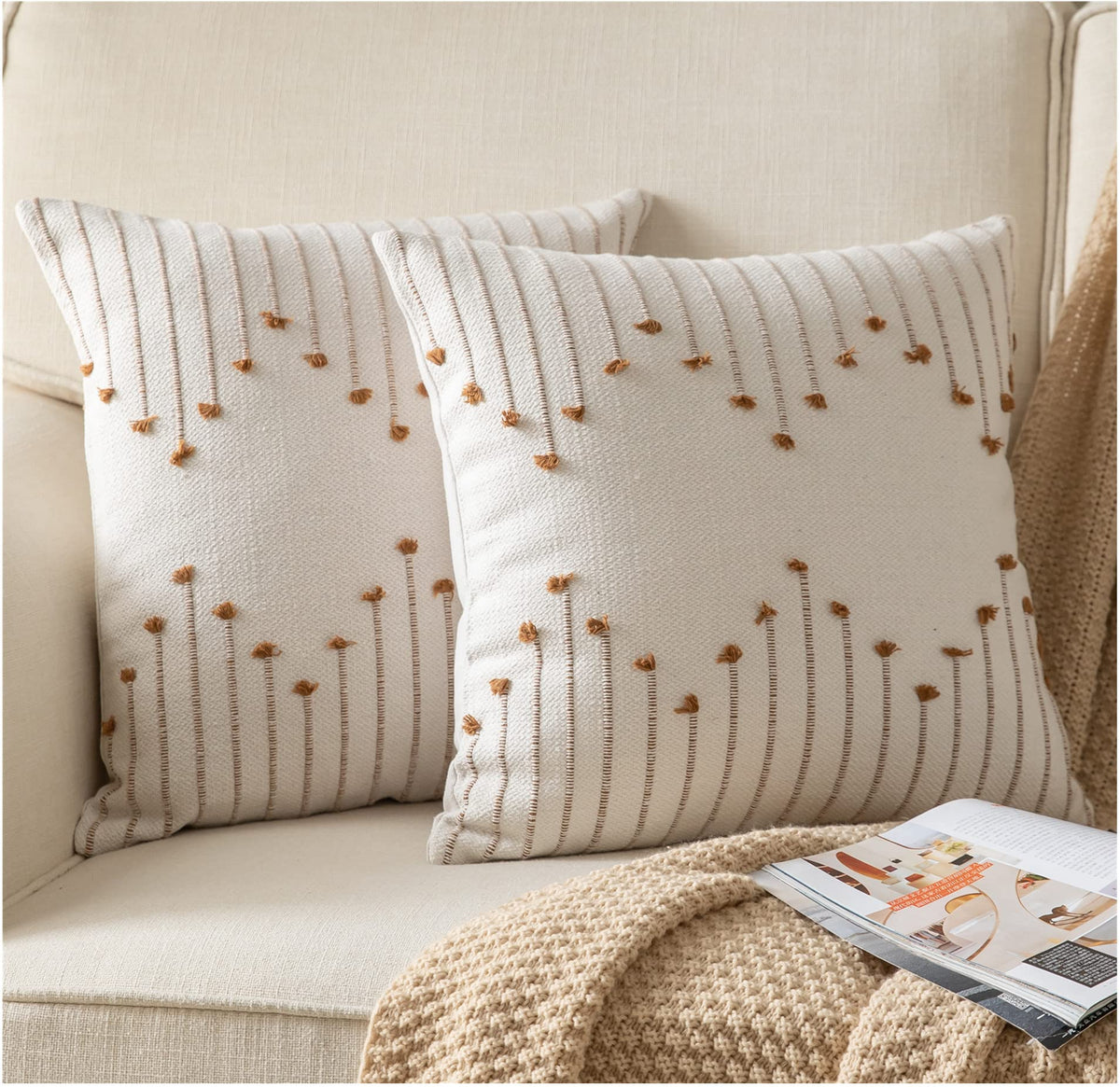 Caflife Boho Throw Pillow Covers 22X22 Set Of 2 Decorative Pillows For Bed, Neutral Pillow Covers Beige With Brown Line Throw Pi