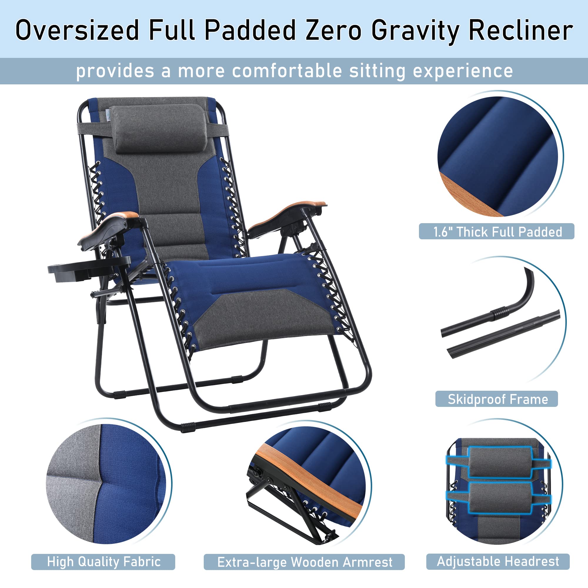 Phi Villa Xxl Oversized Padded Zero Gravity Chair, Foldable Patio Recliner, 30' Wide Seat Anti Gravity Lounger With Cup Holder, Set Of 2, Support 400 Lbs (Thumb Blue)